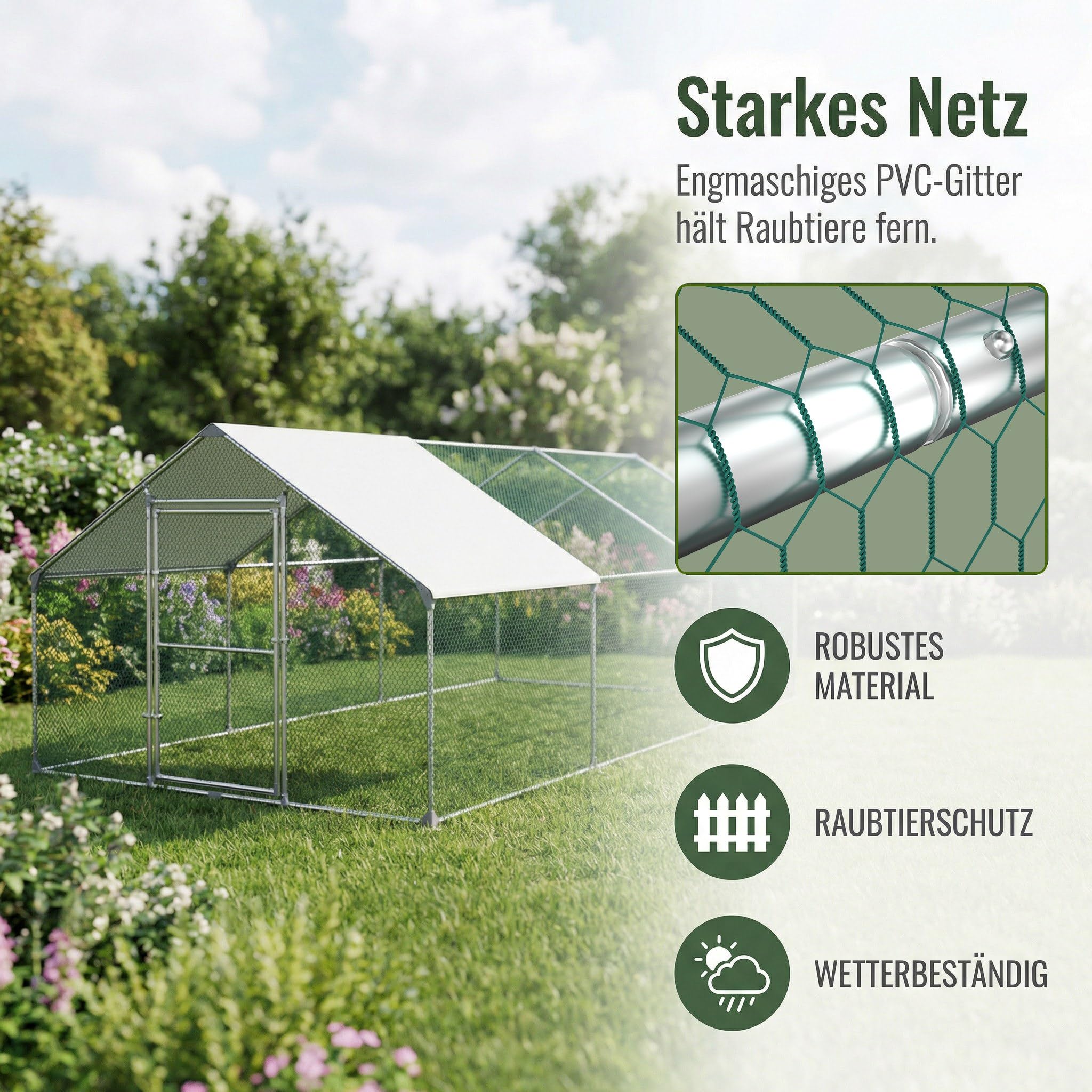 Hühnerstall Freilaufgehege 3x6x2 m mit PE-Dach, Outdoor Tiergehege für Hühner Kaninchen Kleintiere Hunde, wetterfestes Kleintiergehege