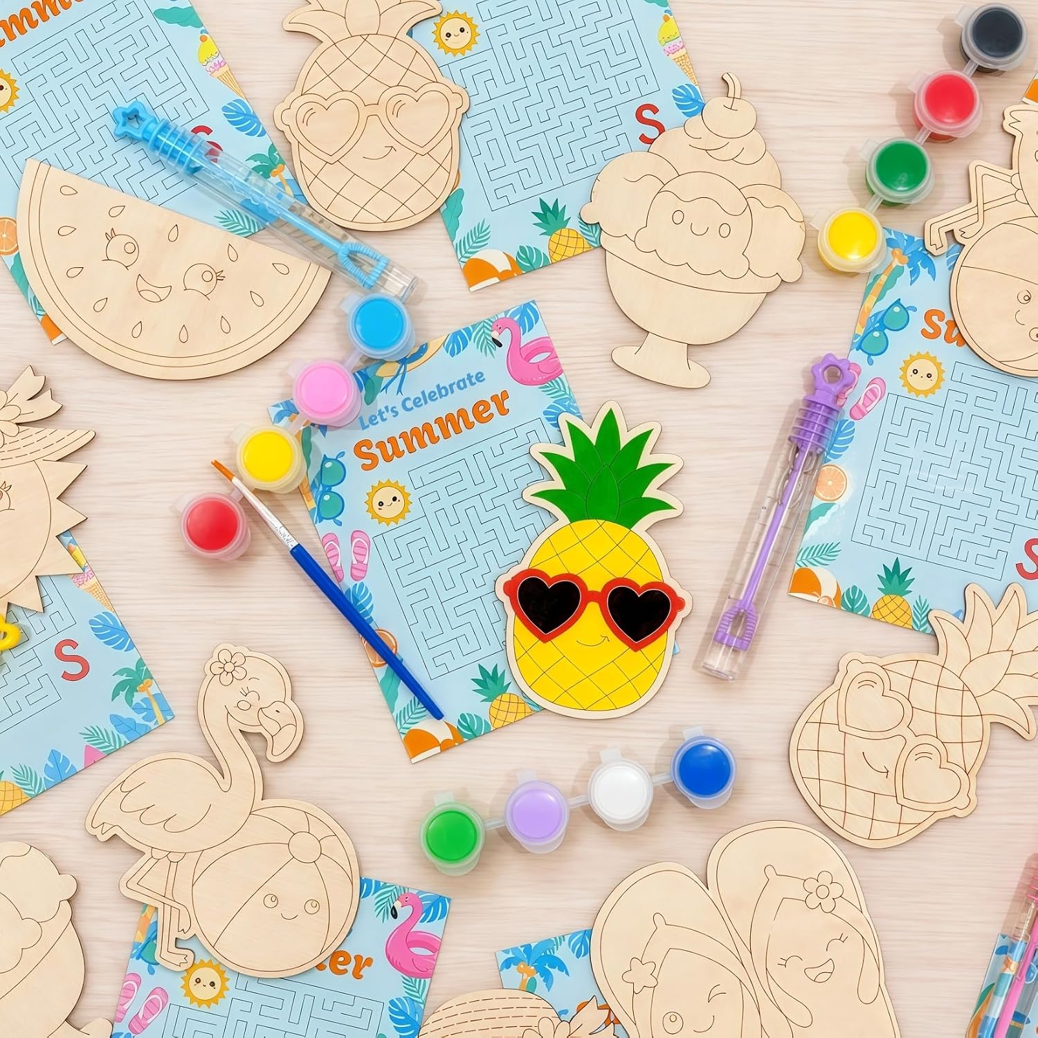 VENUSFIT Summer Crafts for Kids - 12 Pack Paint Your Own Wooden Magnet Craft Kit with Maze Cards, Summer Activities, Birthday Party Favors & Goodie Bag Stuffers