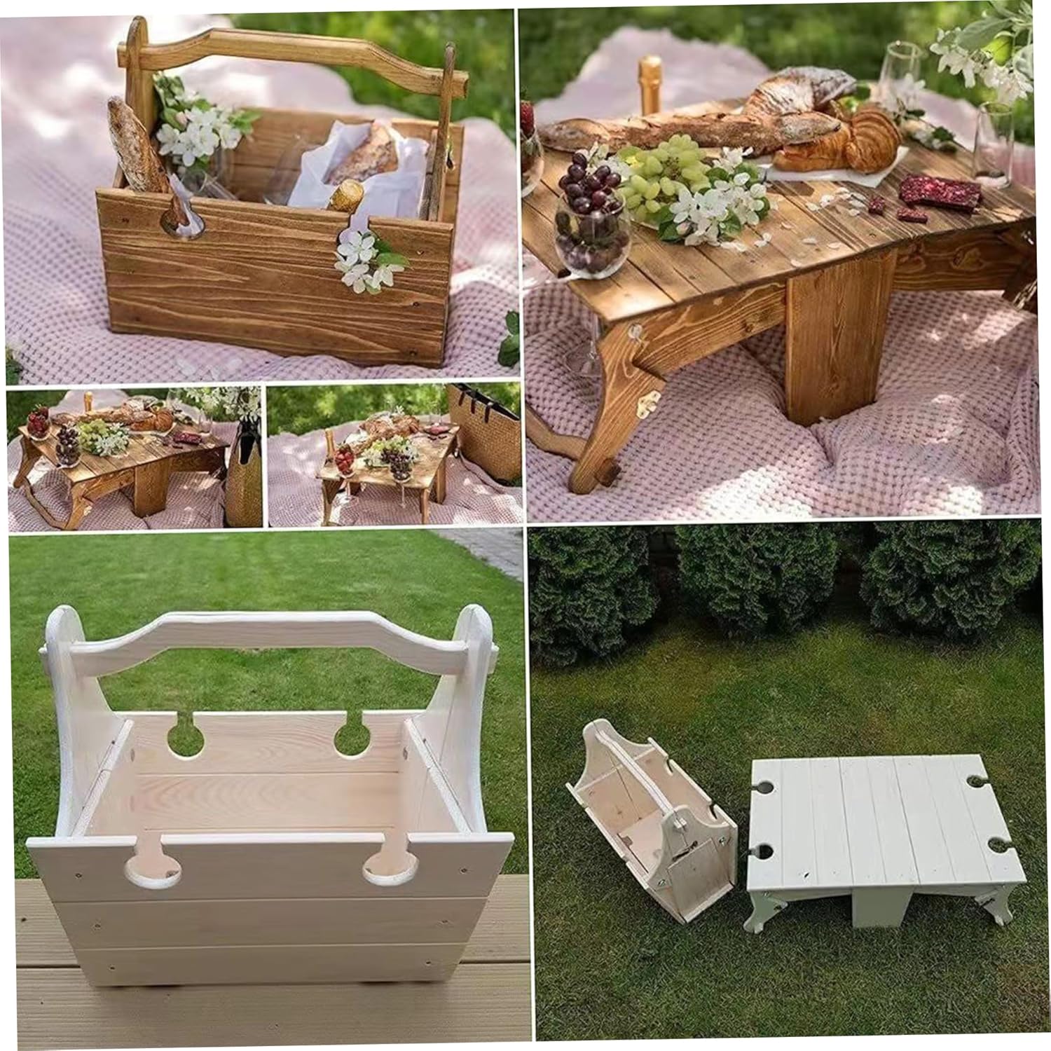 Picnic Table Wooden Folding Table 2-in-1 Basket Table with Wine Glass Holder Outdoor Storage Table Portable for Camping Beach Wine Lover Gift 11.8 * 9.1 * 5.9inch.