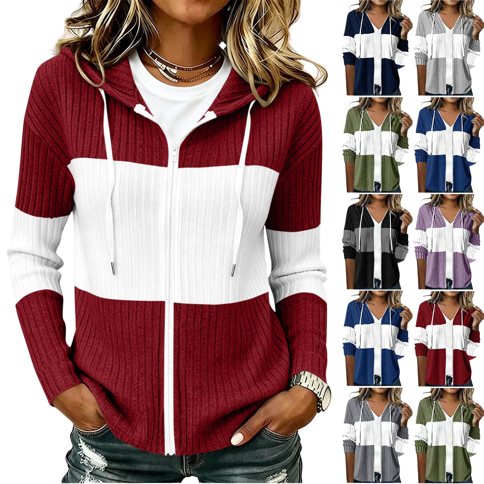 Strickejacke Damen Strickpullover Zip Hoodie Farbblock Rippstrick Pullover Mode Cardigan Oversized Sweatjacke Atmungsaktiv Winterpullover Leichte Übergangsjacke Lässige Elegante Stricke Sweatjacken