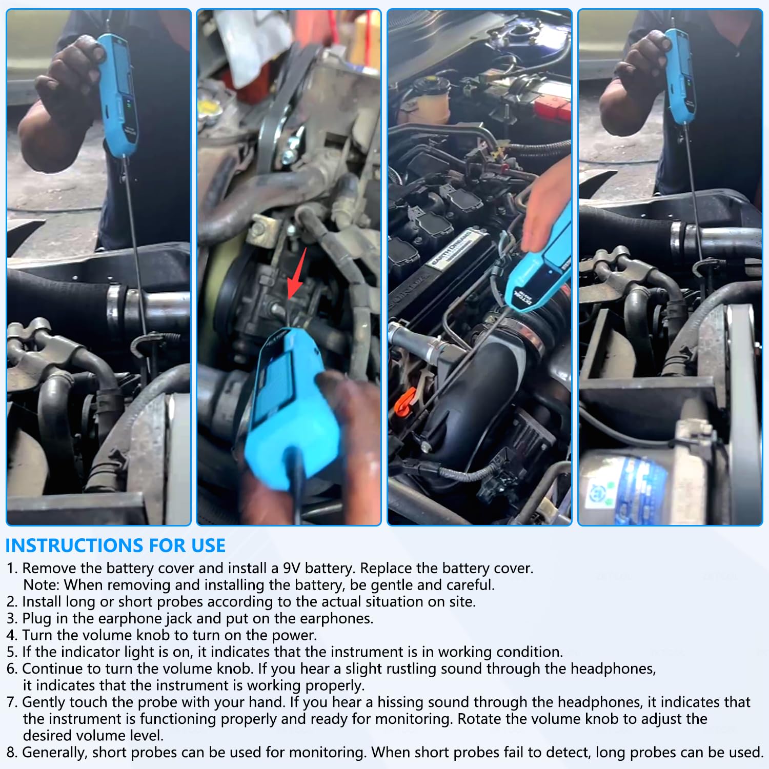 ZKTOOL Elektroniczny stetoskop do mechaniki samochodowej, zestaw elektronicznych urządzeń diagnostycznych EM410, z krótką i długą sondą, słuchawkami, detektorem hałasu silnika, zakres częstotliwości