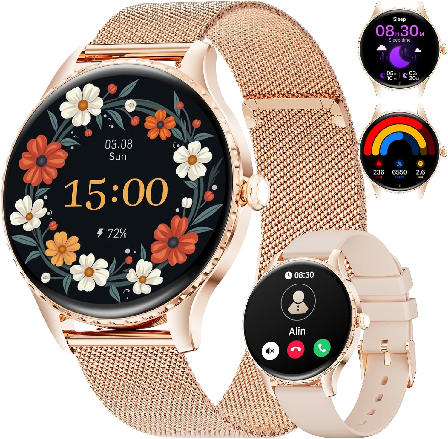 7.99mm Ultra Dünn Smartwatch Damen mit Telefonfunktion, 1.32" AMOLED Smart Watch für Android/iOS, IP68 Wasserdicht Fitnessuhr, 270+ Ziffernblätter, Menstruationszyklus, Roségold