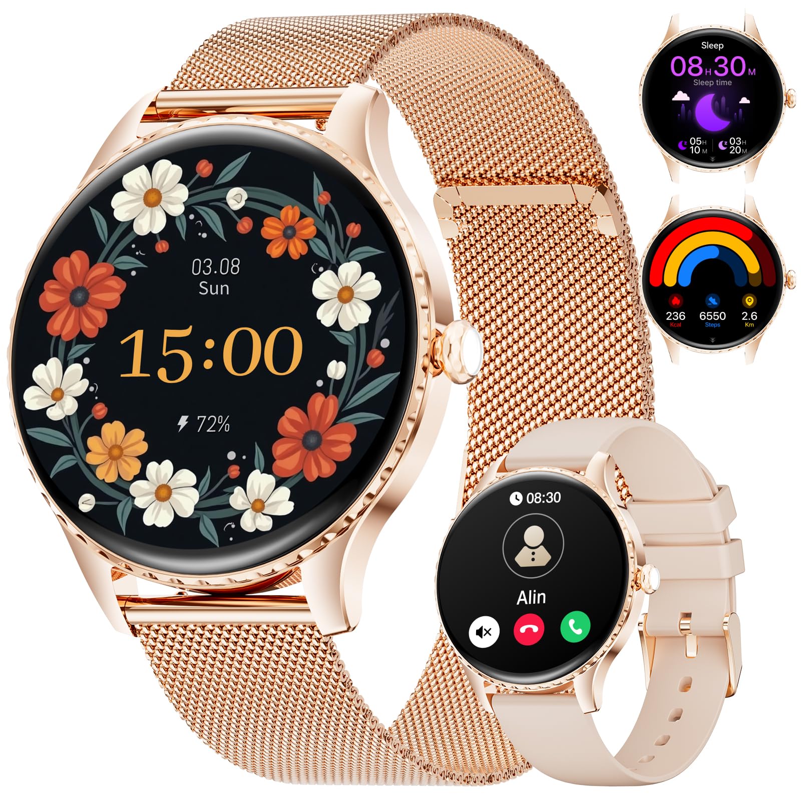 Montre Connectée Ultra-Fine 7,99 mm pour Femme, 1.32" AMOLED Smartwatch avec Appel Bluetooth pour Android iOS, IP68 Étanche, 270+ Cadrans, Fréquence Cardiaque/Sommeil, Or Rose