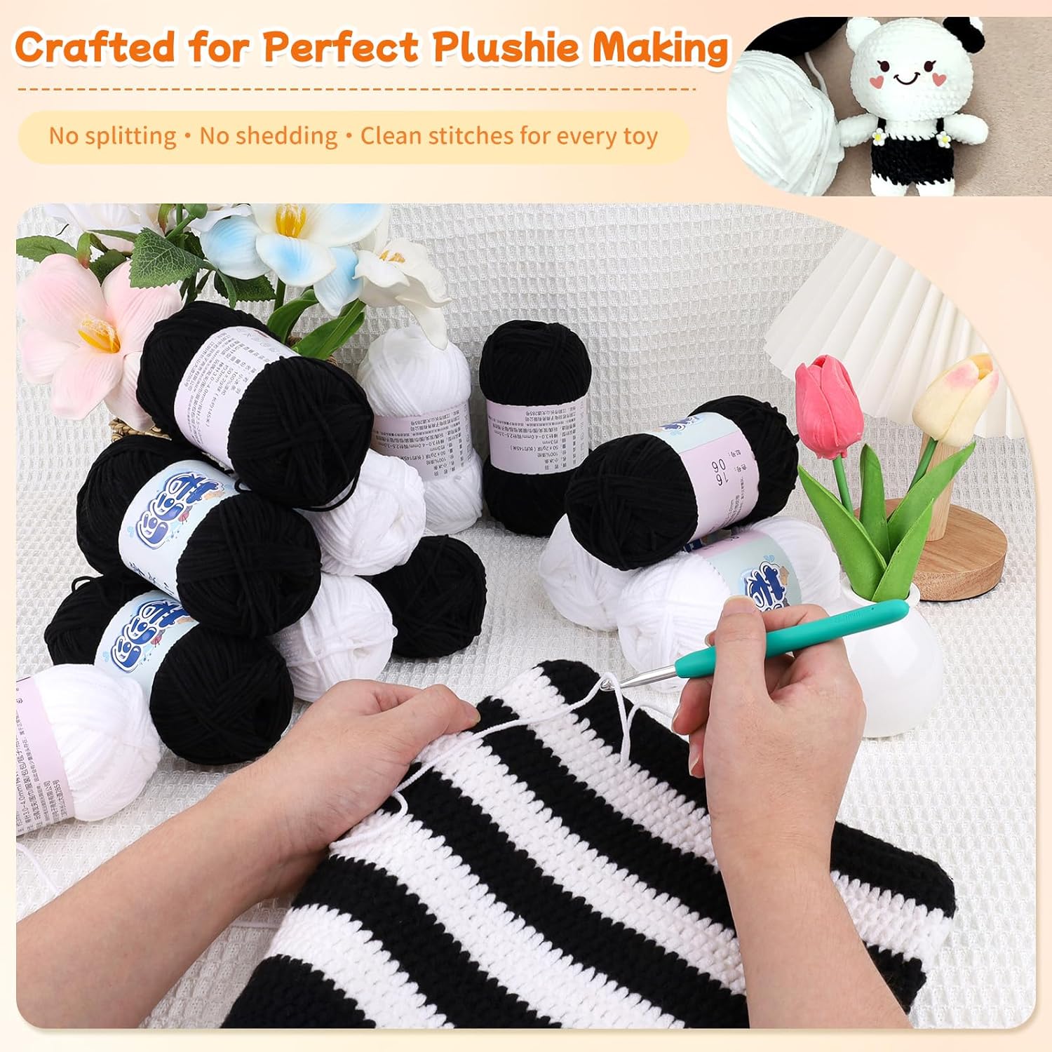 Skinny Chenille Yarn Pack - 12 Skeins (6 White + 6 Black, 1.76oz/50g Each, Total 1,896yd) – Fine Weight Matte Chenille Yarn for Crocheting – Soft CYC#2 for Baby Iteams, Plush Toys & Home Décor