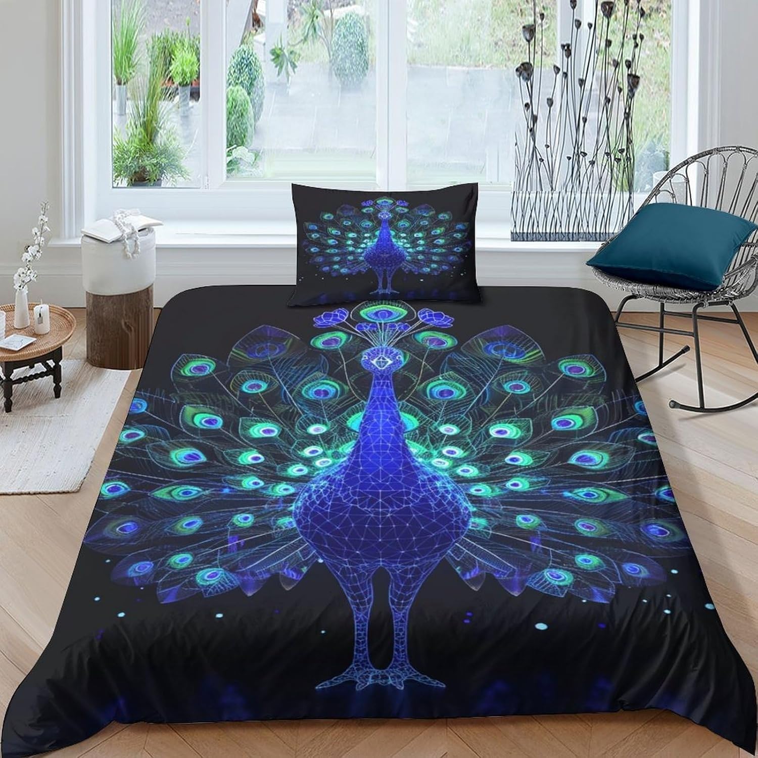 Housse de couette 220x240 paon parure de lit adulte microfibre 2p