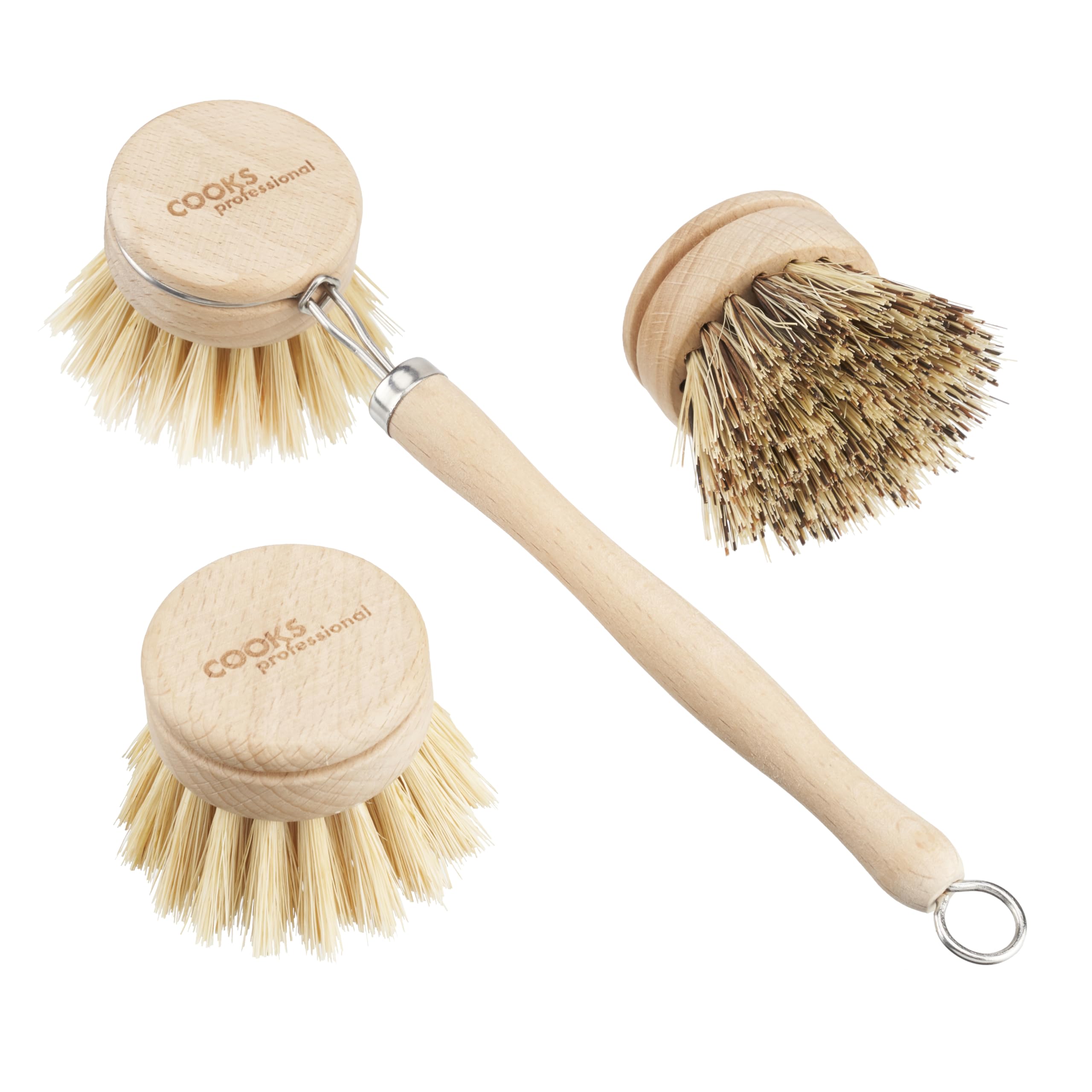 Cooks Professional Natural Eco-Friendly Bamboo Dish Brush | Long Wooden Handle With 3 Heads & Fibre Bristles | Plastic-Free | Kitchen Cleaning Tool For Washing Dishes & Scrubbing Pots & Pans