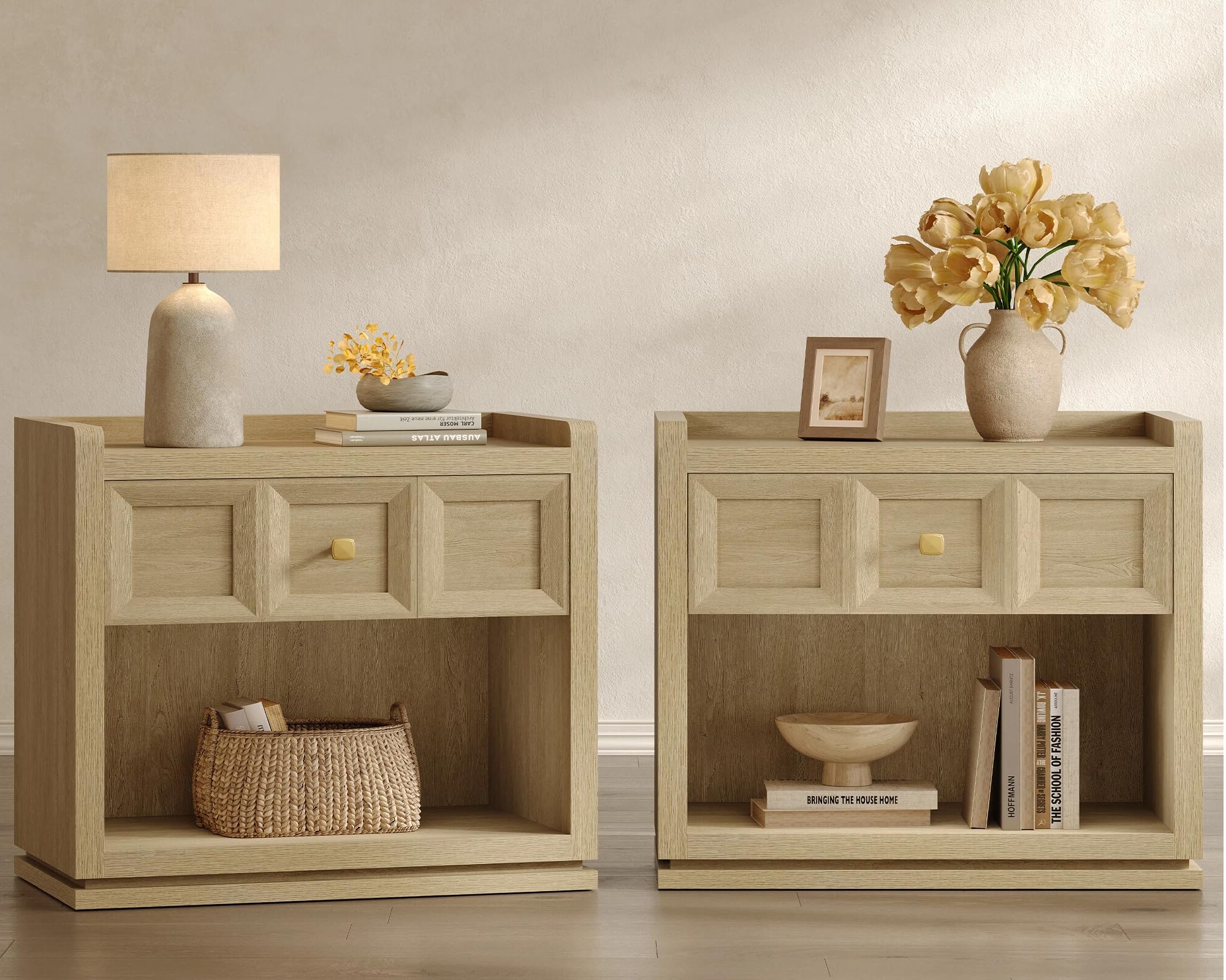 SICOTAS Night Stand Set of 2, 26" Wide Nightstands with Drawer, Large Nightstands Set of 2 for Queen Size Bed, Modern Bedside Table for Bedroom, Side
