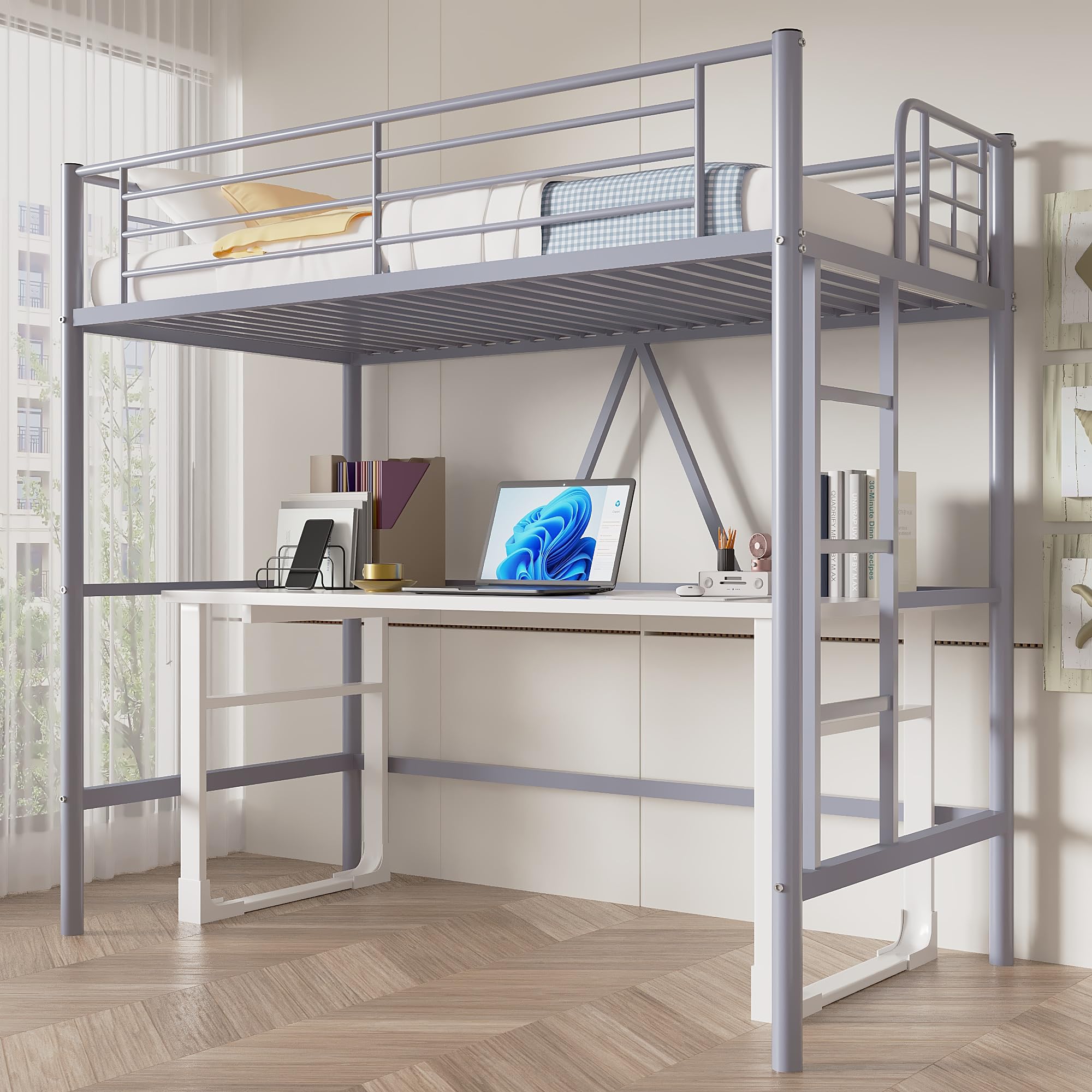 VECELO Metal Loft Bed Twin Size, Heavy Duty Bedframe with Removable Ladder and Safety Guardrail, Space-Saving, Noise Free, No Box Spring Needed, Grey