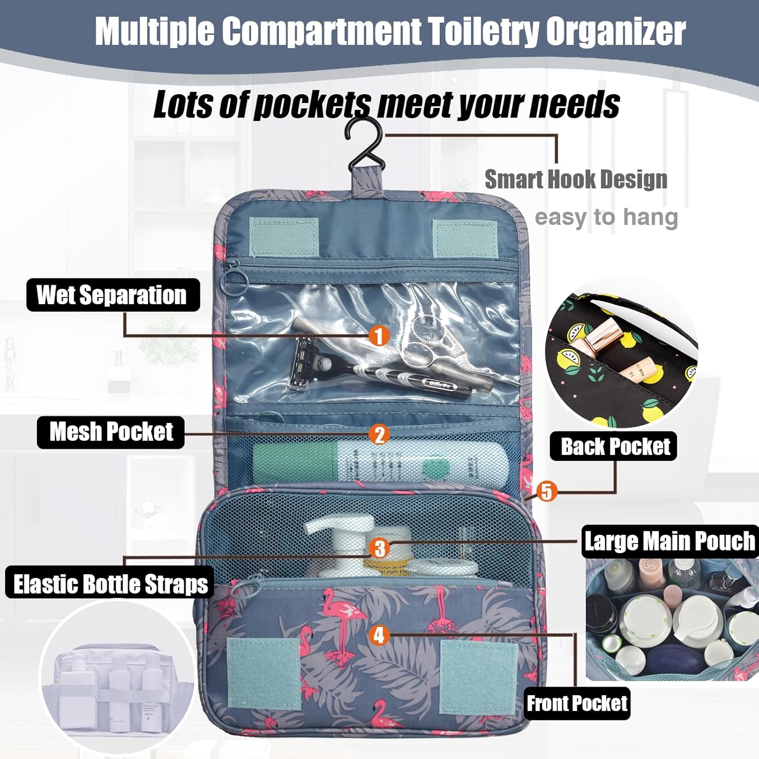 L & FY Hanging Travel Toiletry Bag Women's Cosmetic Organizer Makeup Pouch Men's Shaving Kits With Handle (Pink Flamingo) - Image 4