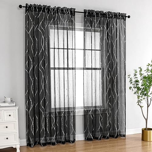 Miniatura 7 de SMILE WEAVER Cortinas Semitransparentes Negras para Sala de Estar de 63 Pulgadas de Largo, Cortina Filtrante de Luz con Bolsillo para Varilla -