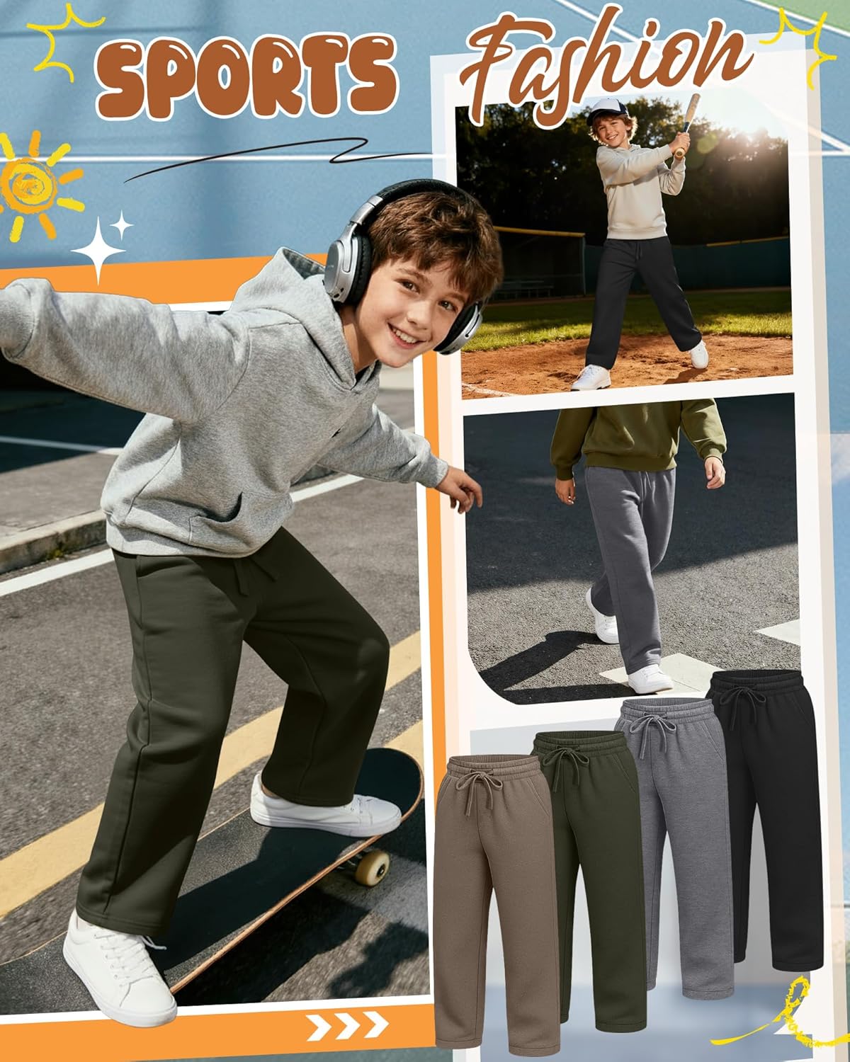 4 Pack Boys Baggy Sweatpants Straight Leg Open Bottom Casual Pants Basic Elastic Waist Athletic Kids Joggers - Image 4