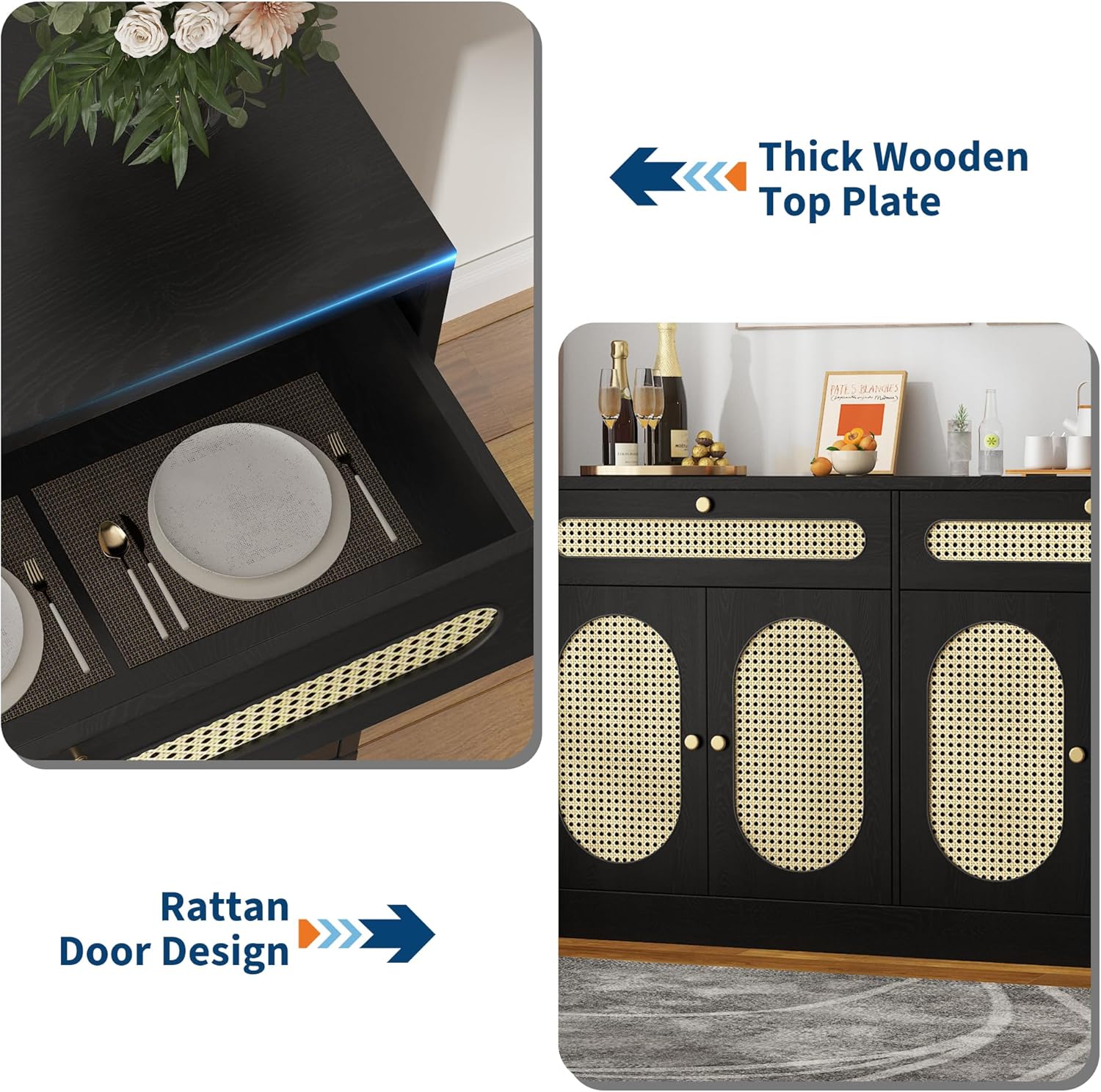 GarveeLife 60'' Rattan Sideboard Buffet Cabinet with 2 Drawers & 4 Rattan Doors and Adjustable Shelves & Storage