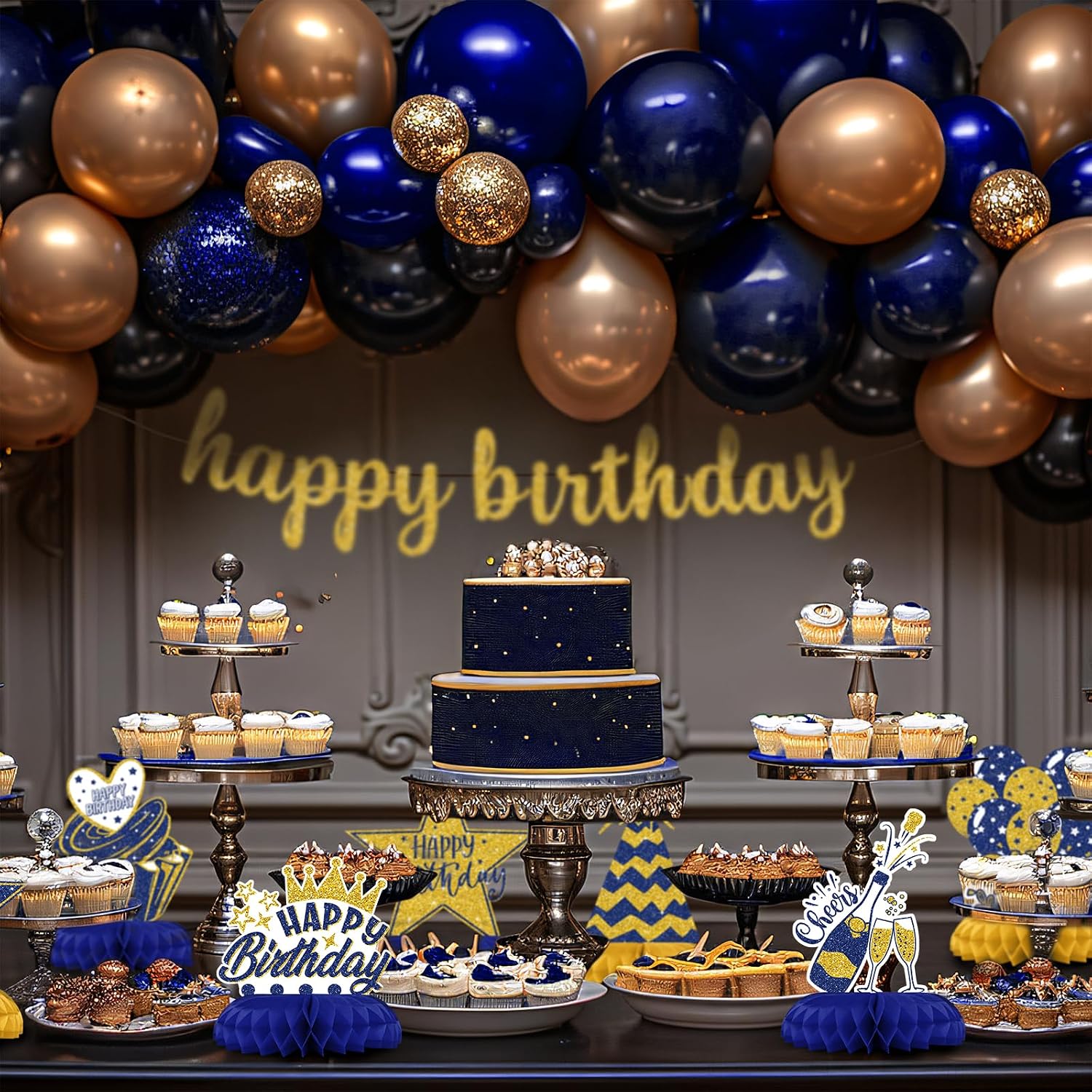 Blue and Gold Birthday Decorations – 12Pcs Honeycomb Table Centerpieces, Elegant Party Table Toppers for Adults, Stylish Blue Gold Birthday Decor