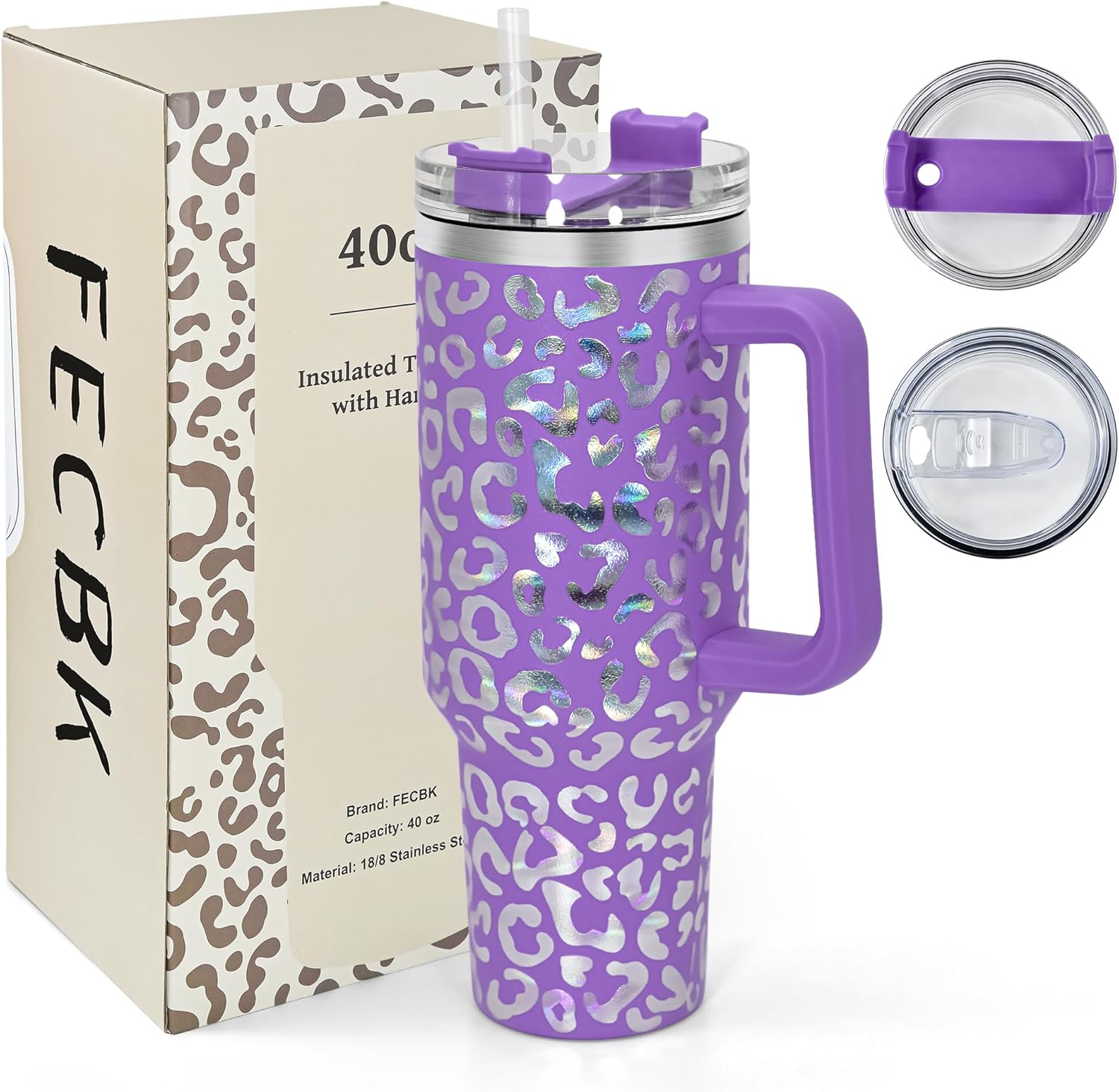 FECBK 40 oz Tumbler with Handle and Straw, 100% Leak-Proof Travel Mug, Stainless Steel Double Wall Vacuum Insulated Coffee Cup Keeps Cold For 34 Hours, Dishwasher Safe, Purple Leopard