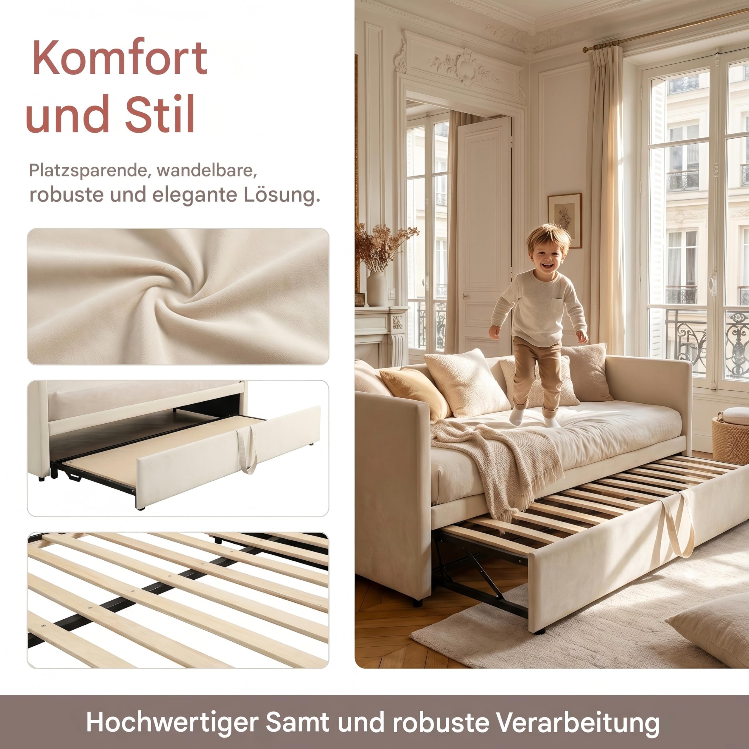 Sofá Cama Extensible, Cama Tapizada 90/180x200 cm, Sofá Cama, Cama Multifunción, Cama de Invitados, Sofa Cama 2 plazas, Cama de Salón con Somier de Láminas (Terciopelo Beige)