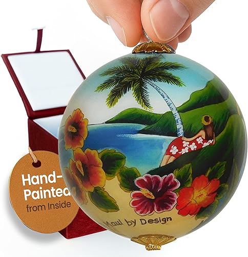 Adorno Escénico de Hawái Coleccionable Pintado a Mano en Vidrio con Caja de Regalo OTH/H Hawaiano escénico,Keiki, Polluelos y Gallo,Hibisco