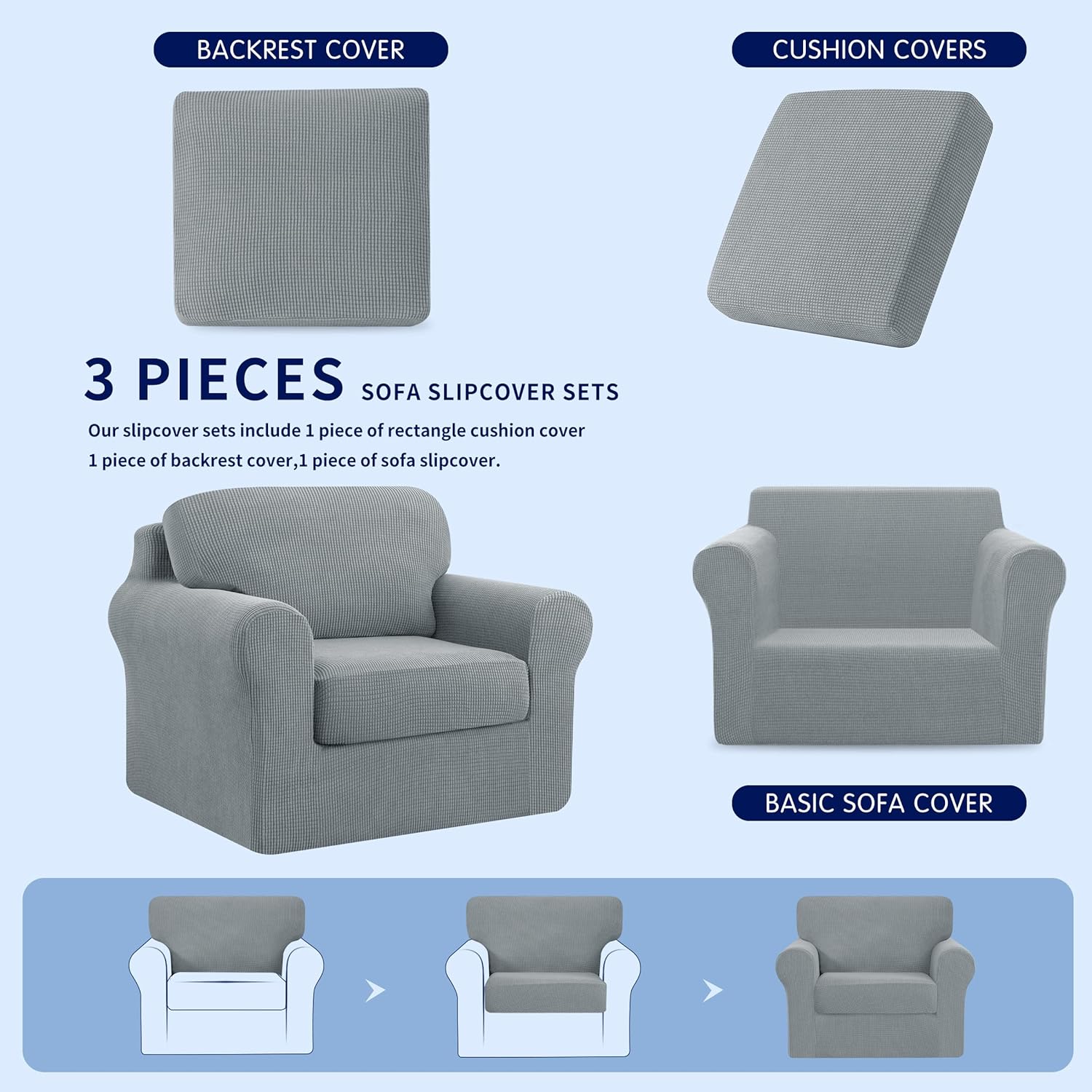 SUBRTEX 1 Piece Cushion Cover Bundles 3 Piece Armchair Cover Stretch Couch Slipcover with Separate Backrest Covers and Cushion Covers Slipcover Sets for Living Room（Cushion+Armchair,Light Gray）