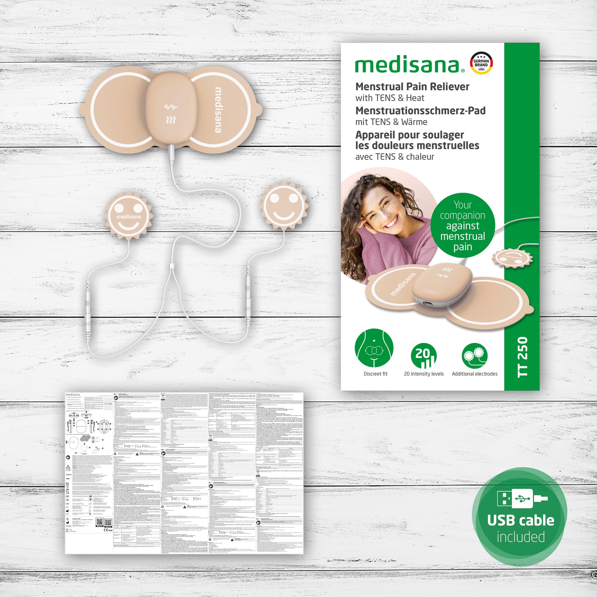 Medisana TT 250 TENS Gerät zur Schmerztherapie bei Periodenschmerzen | Mit Wärme, Schmerztherapie mit Elektroden Wärmepads gegen Schmerzen durch Periode und Endometriose, zur Muskelentspannung