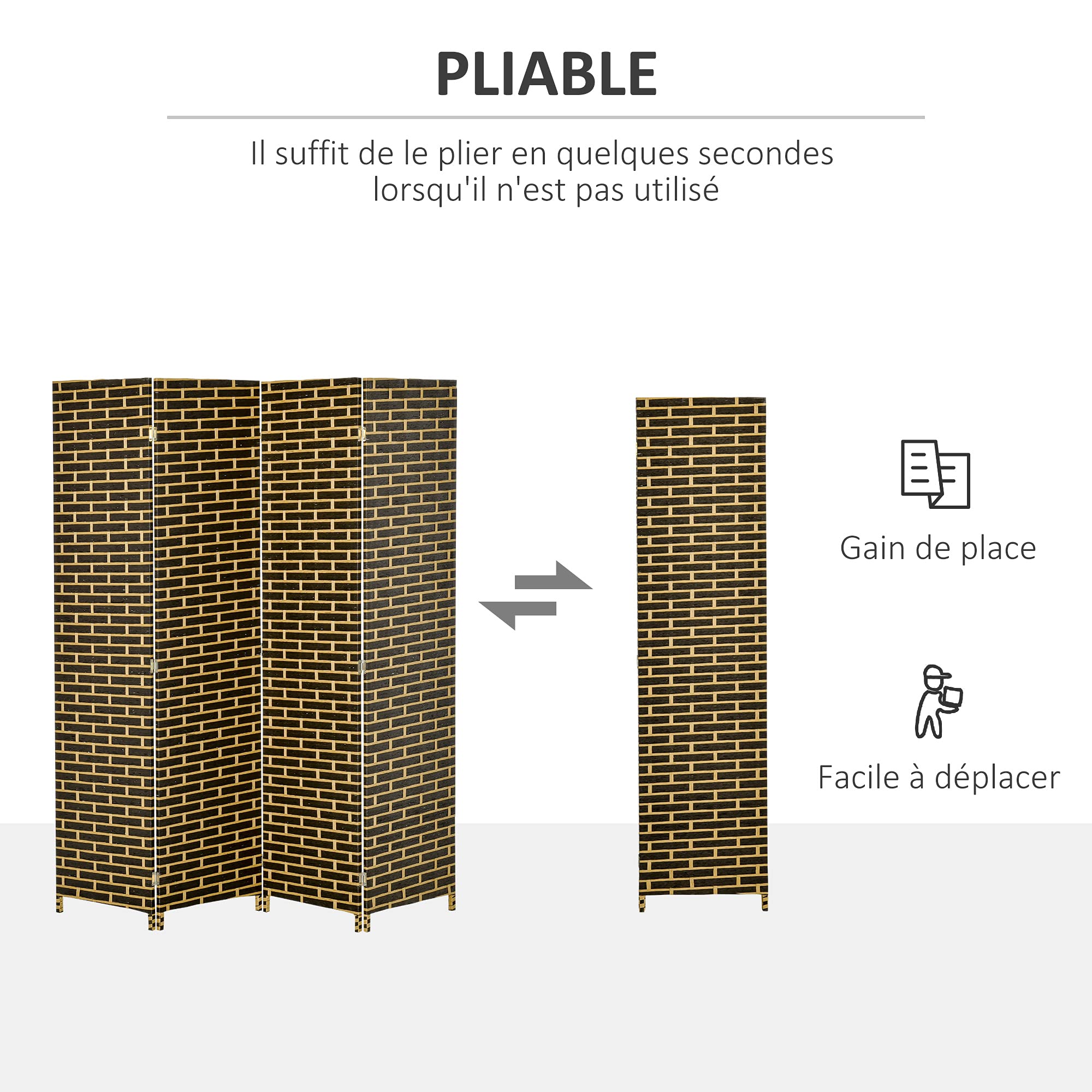 HOMCOM Paravent intérieur 4 Panneaux Pliables 180L x 180H cm séparateur de pièce Bois de peuplier Fibres de Papier tressée Chocolat Paille