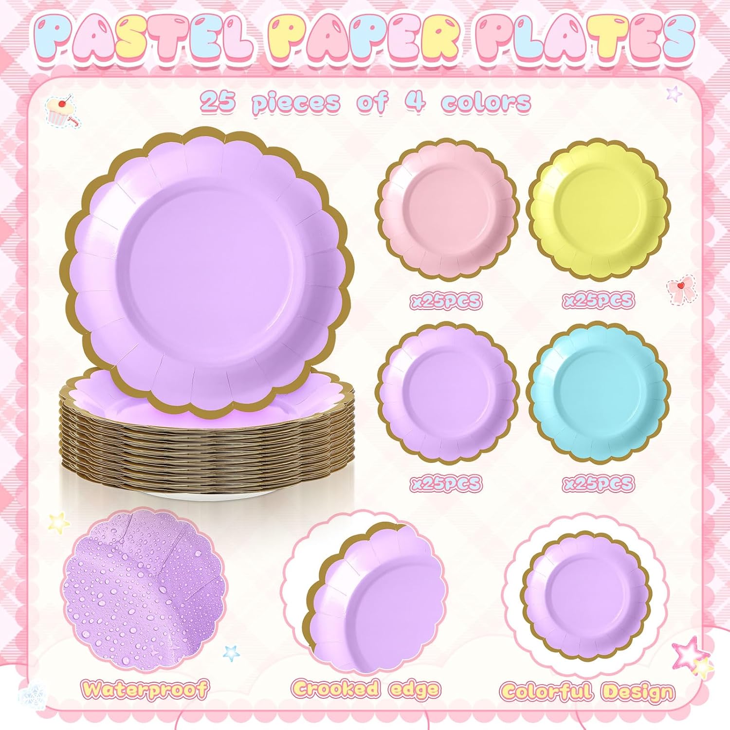 Mimorou 200 Pcs Pastel Plates and Napkins Tableware Serves 100 Includes 7 Inch Scalloped Paper Plate and Napkins for Easter Birthday Wedding Baby Shower Party