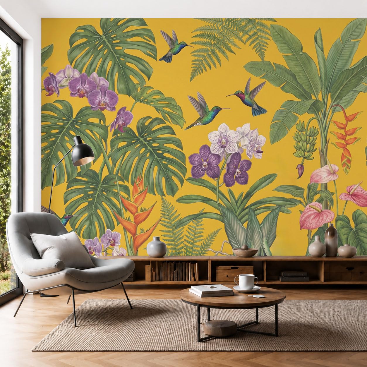 Papier peint panoramique tropical jaune moutarde pour une décoration de salon moderne