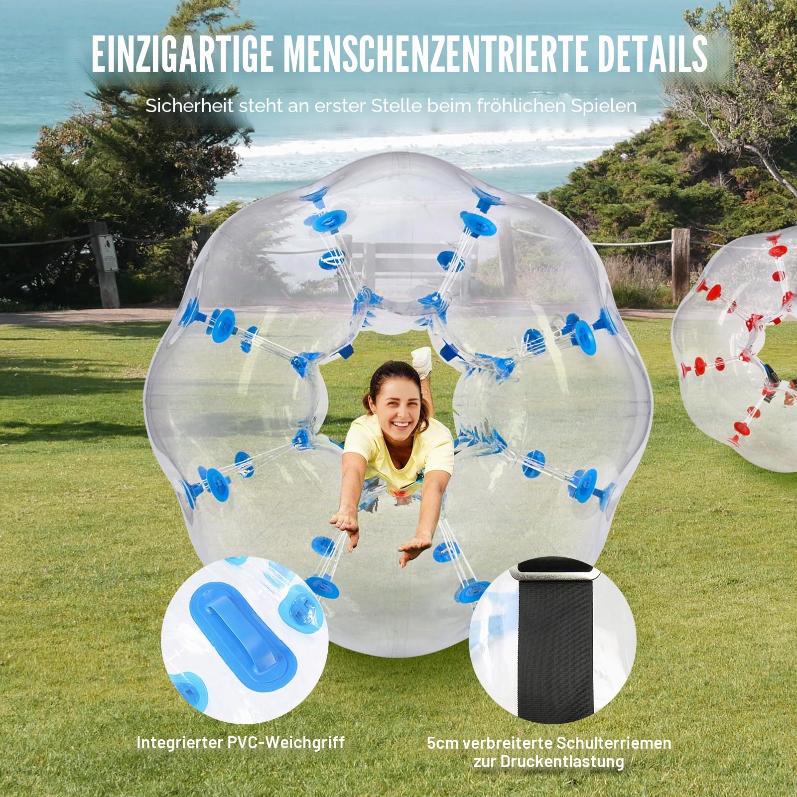 VEVOR Aufblasbarer Bump Ball Bumper Stoßball 2 STK. 1,2 m x 1,03 m, Menschlicher Kollisionsball, PVC-Körperblasen-Bounce-Ball für Outdoor-Aktivitäten, Rote+Blaue Punkte/Transparent