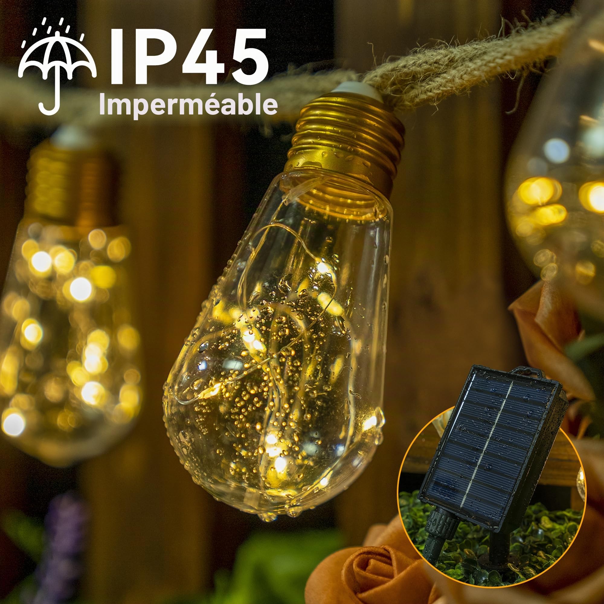 Lampes solaires d'extérieur de jardin - 20 ampoules S17 - 10 m - Corde de chanvre avec télécommande, USB et énergie solaire - Incassable - Étanche - 8 modes - Guirlande lumineuse féérique pour