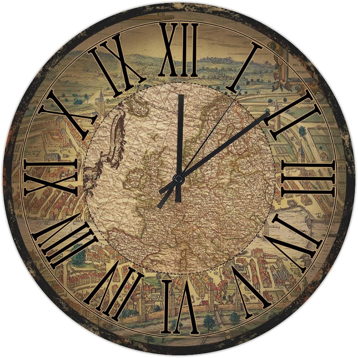 UFunhome World Map Antique Vintage Style Wall Clock, Silent Non Ticking Battery Operated Easy to Read Roman Numerals Decorative Wall Clock for Kitchen Bedroom Bathroom Living Room Classroom 12-Inch