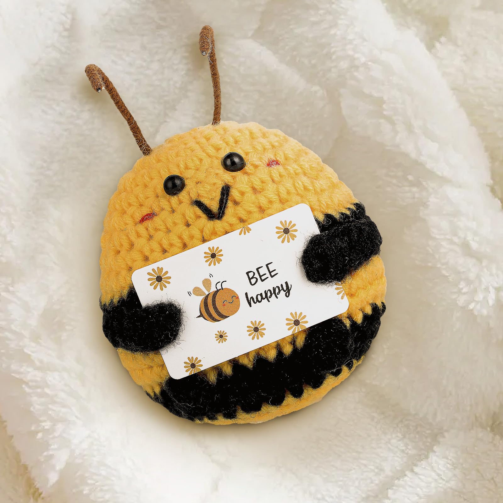 Ape Portafortuna Pocket Hug In Lana – Fatto A Mano, 9 Cm, Con Messaggio 'Bee Happy', Regalo Emotivo - 2