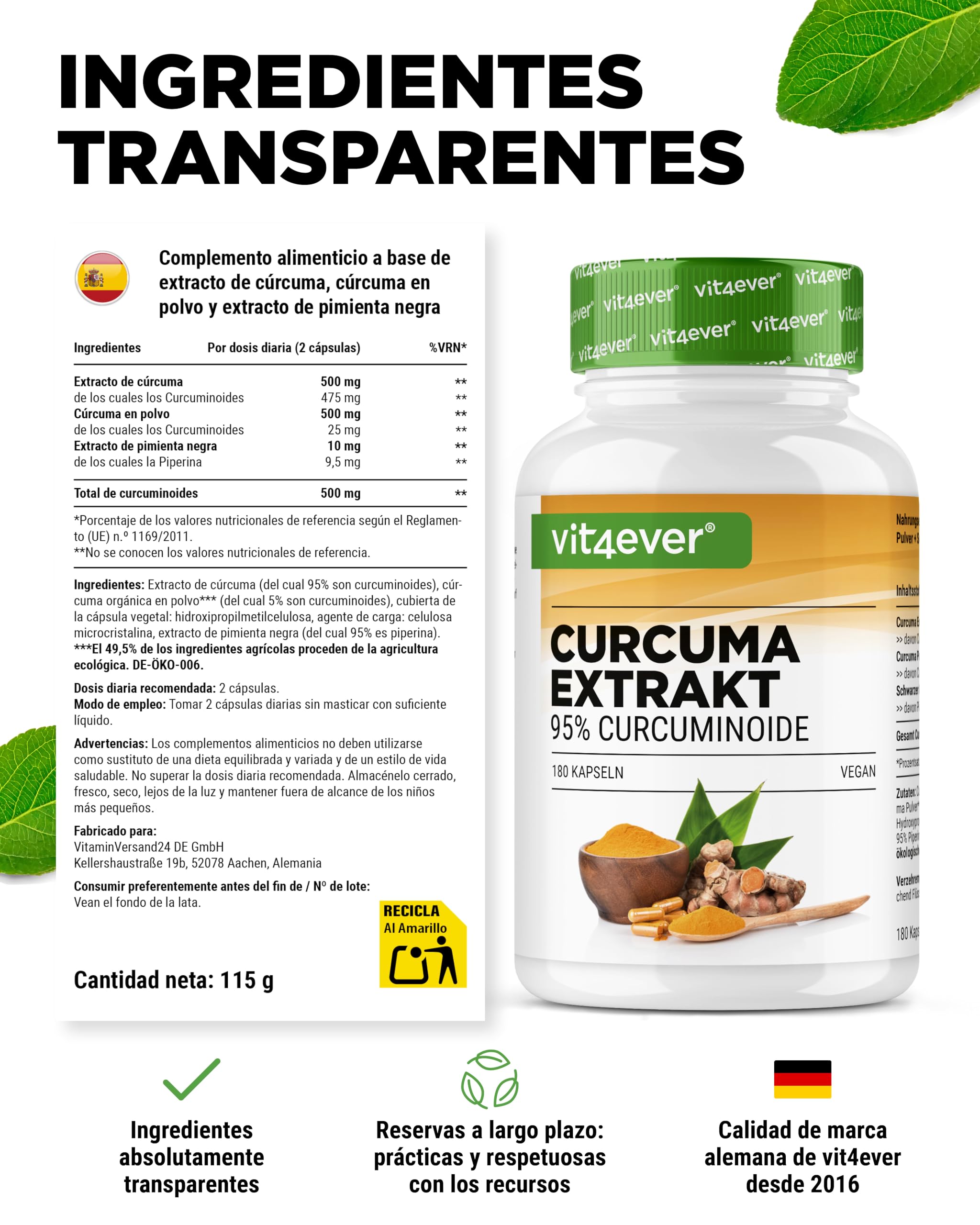 vit4ever Extracto de Cúrcuma de alta dosis - 180 Cápsulas - 500 mg de Curcumina por porción diaria - 95% de Curcumina – Premium Extracto de Kúrkuma high dose - Vegano, sin aditivos innecesarios