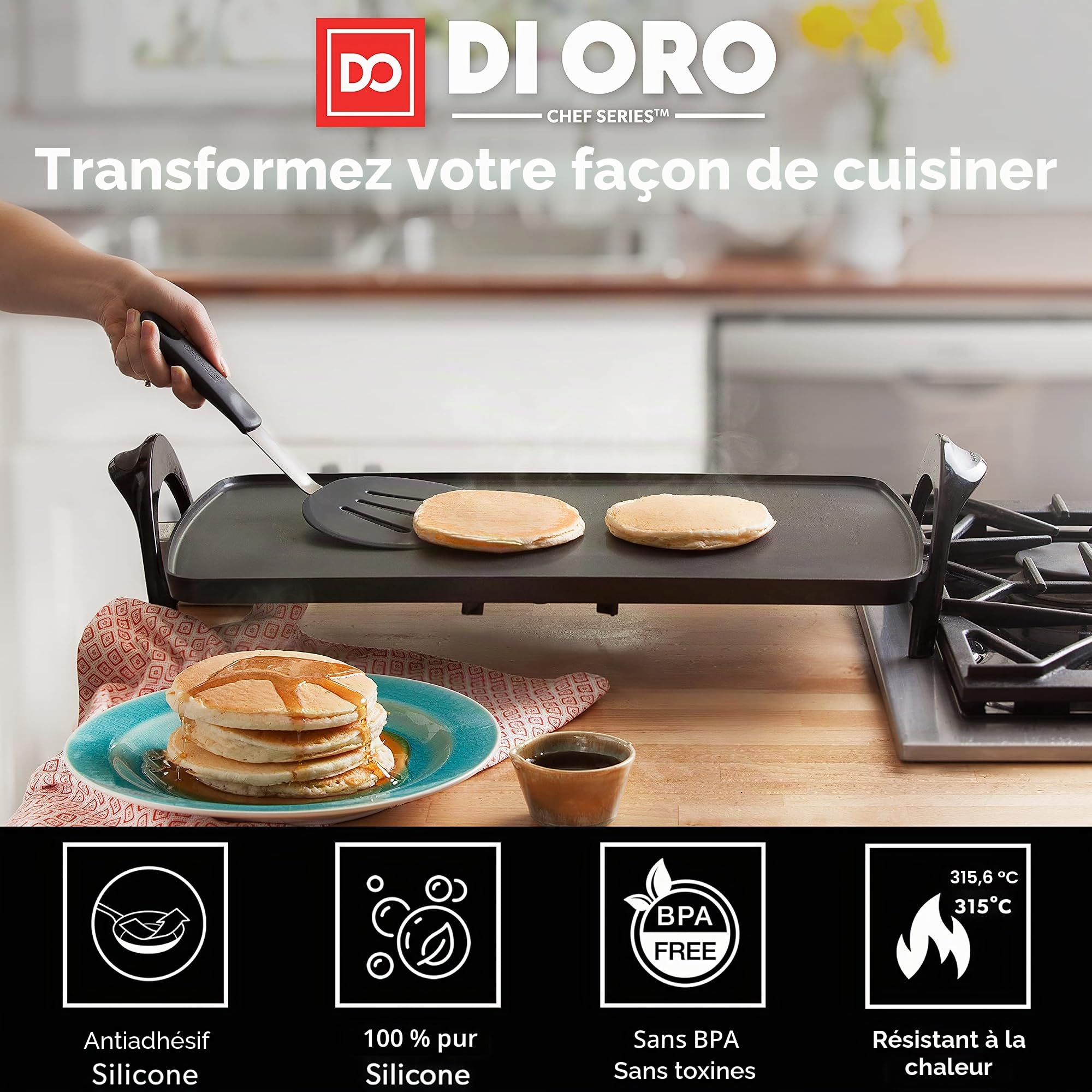 DI ORO® - Série Chef - Spatules de cuisine en silicone et acier inoxydable - Résistantes à la chaleur à 315 °C - Meilleures spatules ajourées - Parfaites pour des oeufs et des crêpes
