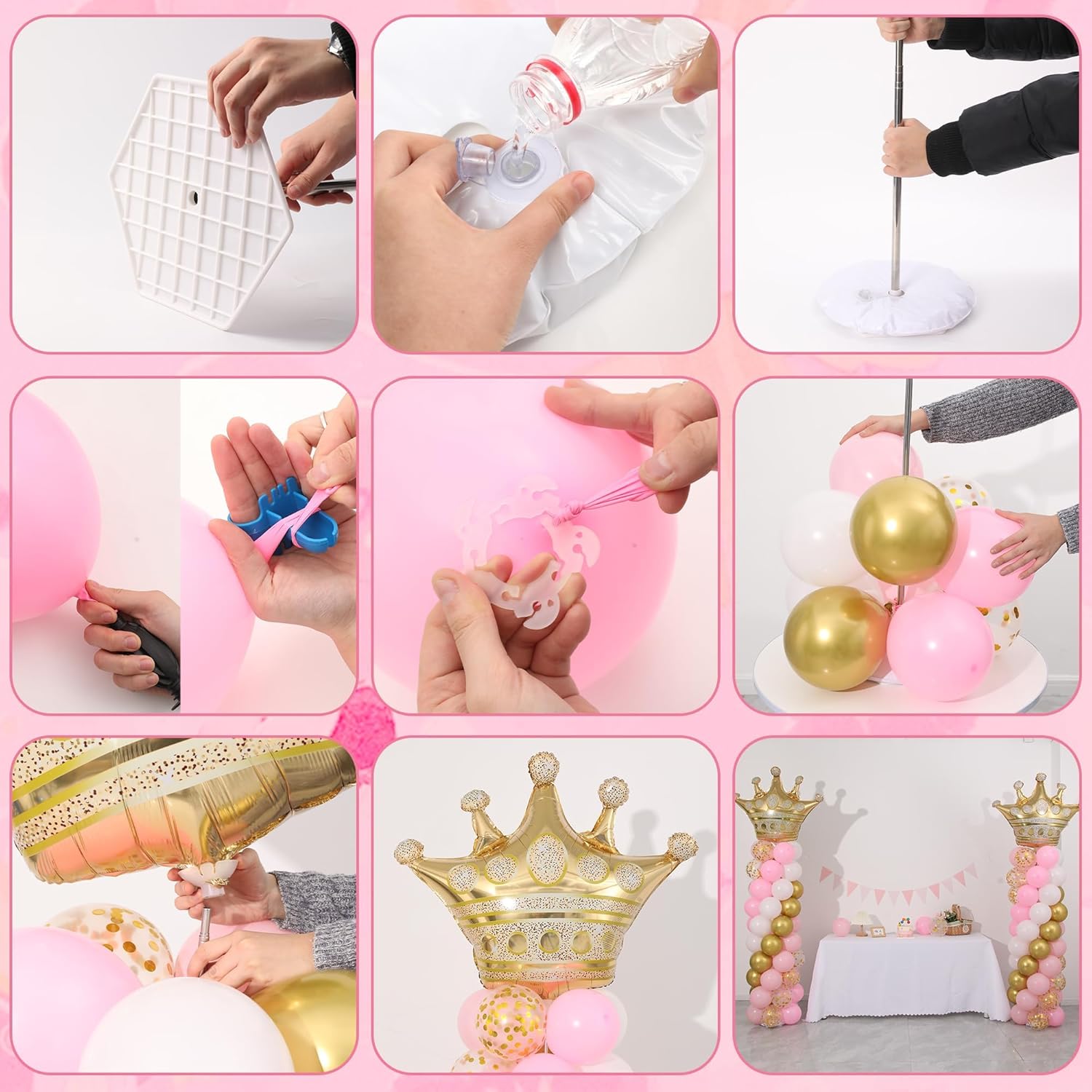 Princess Party Balloon Column Stand Kit 2 Sets,2 Crown Foil Balloons 140 Latex Balloons with Adjustable Stands for Baby Shower Birthday Party Supplies