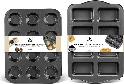 HONGBAKE Nonstick Muffin Pan 12 Cup and Mini Loaf Pans 8 Cavity، Cupcake Tin for Baking and Small Banana Bread Tray - Gray