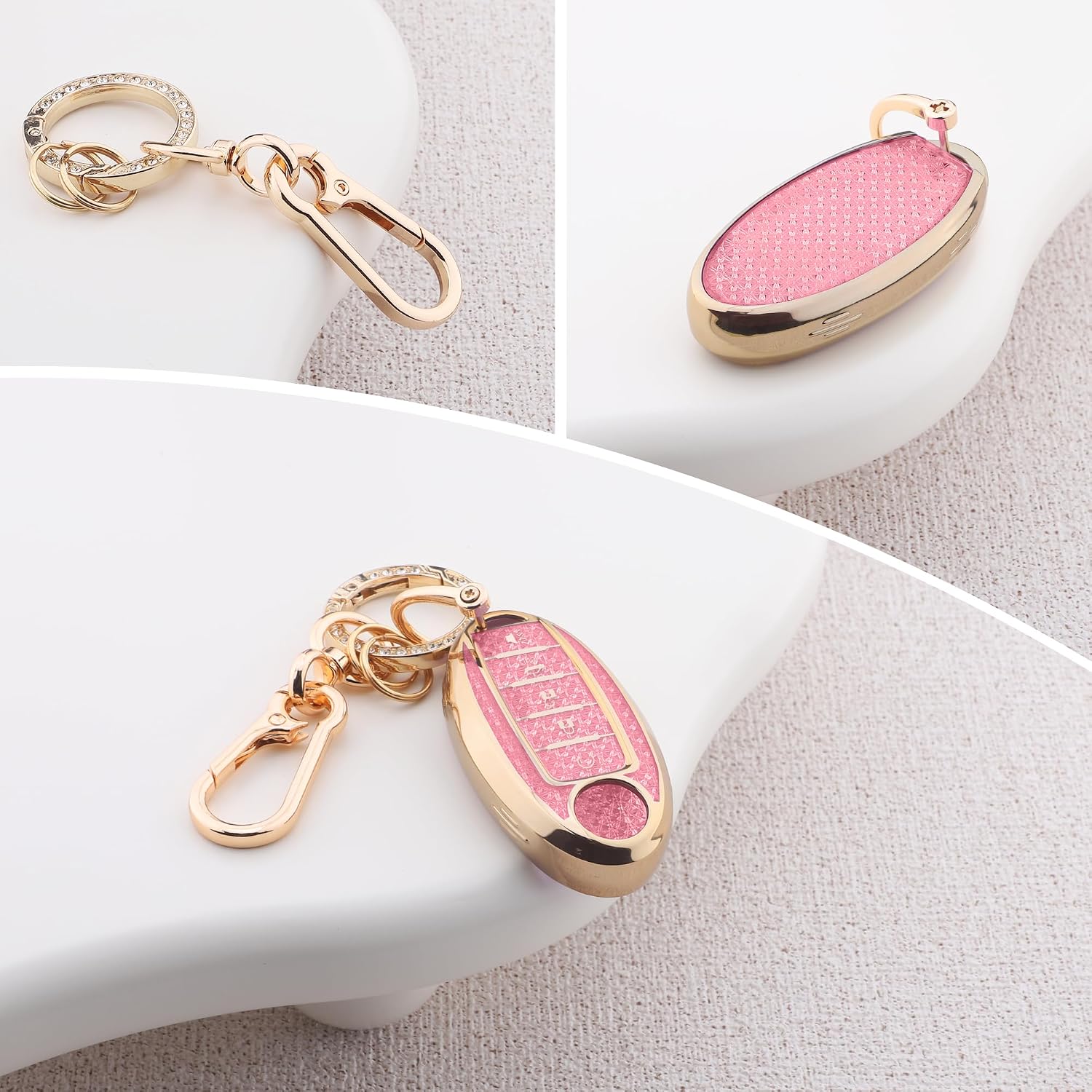 Cute Bling Key Fob Cover for Nissan 5 Buttons, Diamond Cut TPU Case with Keychain, Protective Shell for Altima Sentra Rogue Pathfinder Murano Armada Maxima Versa Smart Key,Pink image 3