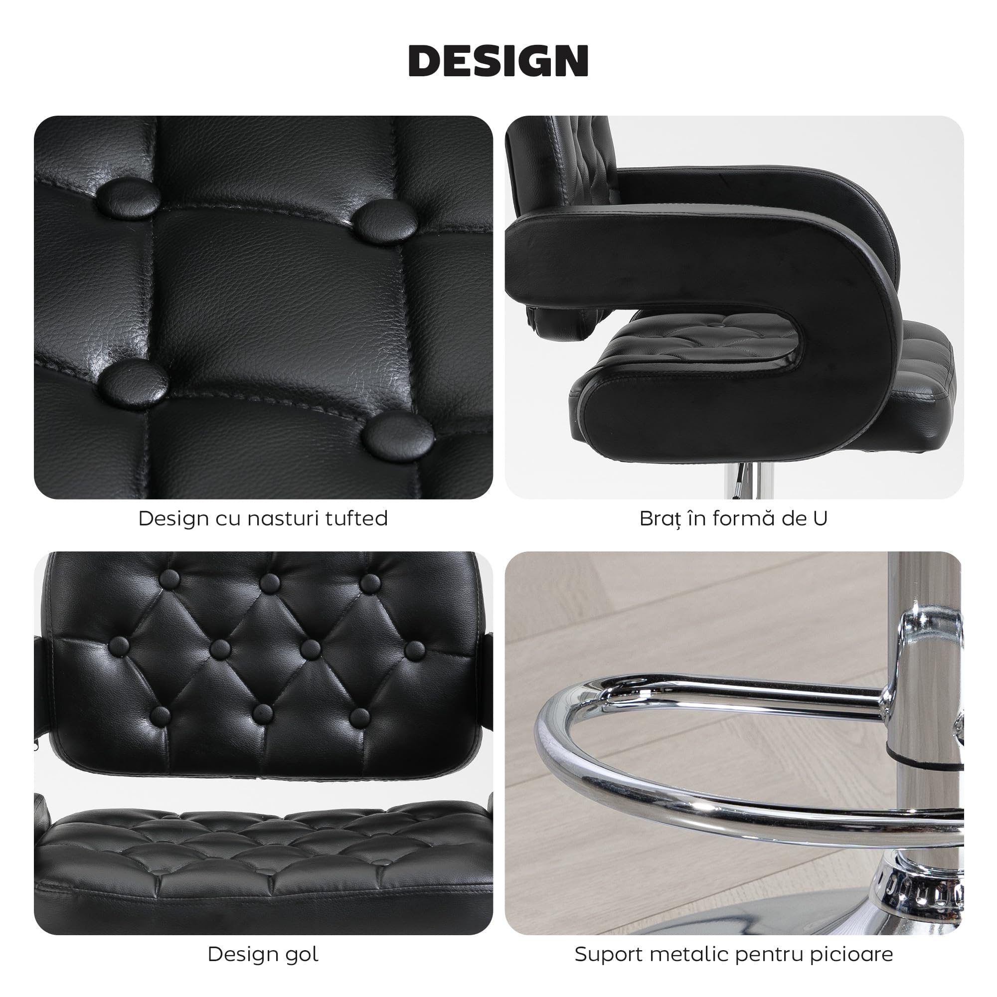 HOMCOM Tabouret de Bar pivotant à 360°, Chaise de Bar réglable en Hauteur avec Dossier rembourrée, Repose-Pieds et accoudoirs, Chaise Haute Cuisine en PU et métal pour Salle à Manger, comptoir, Noir