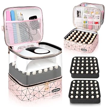 Clear Nail Polish Organizer Holds 60 Bottles 15ml/0.5fl.oz& Nail Lamp, Double Layer Nail Supplies Organizer Case Transparent, PU Leather Nail kit Storage Bag for Manicure Tools Pink