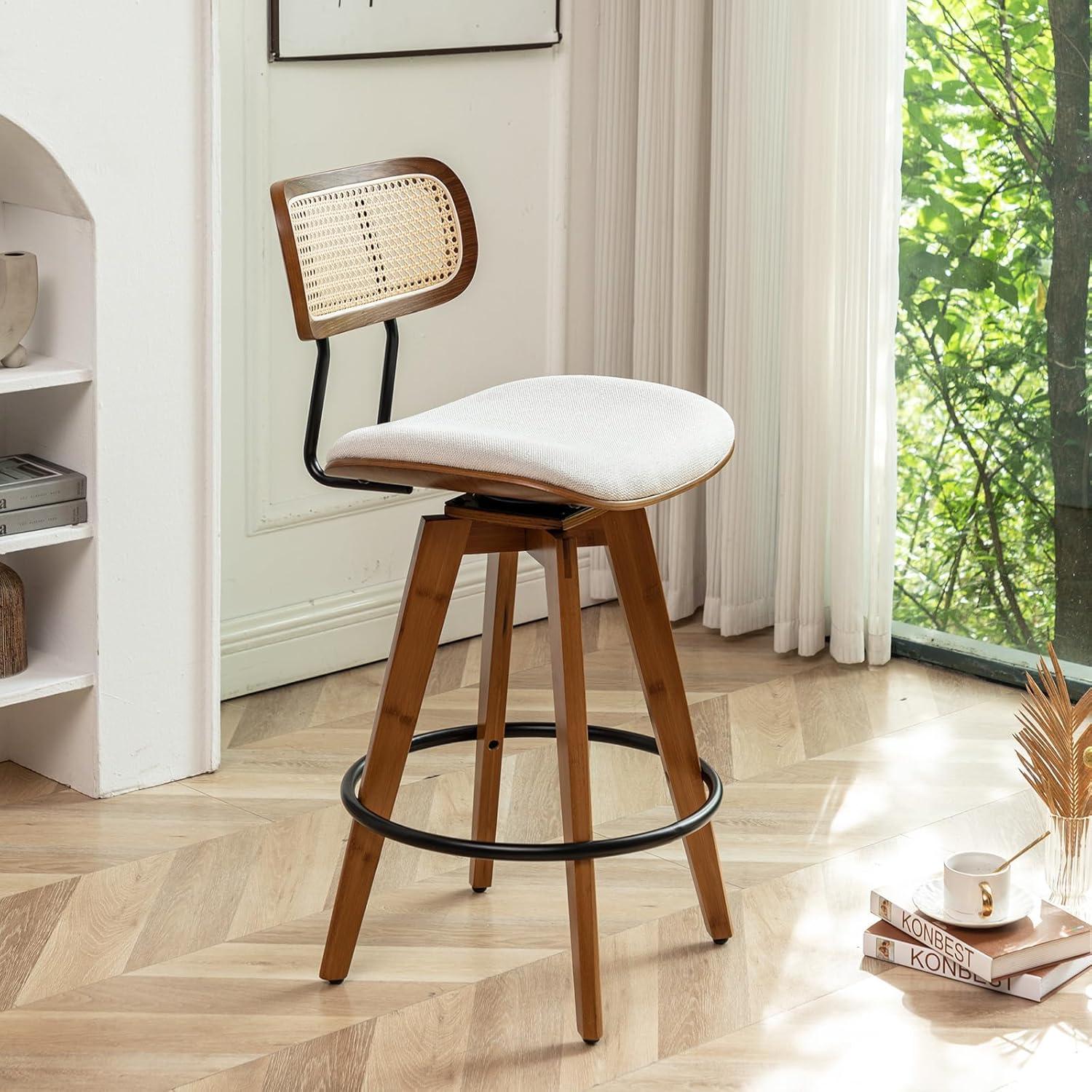 26" Rattan Bar Stools Set of 2, Linen Fabric Counter Height Swivel Barstools with Rattan Backrest and Wooden Legs,Armless Mid Century Modern Bar Chairs for Kitchen/Dining Room/Bar(Beige)