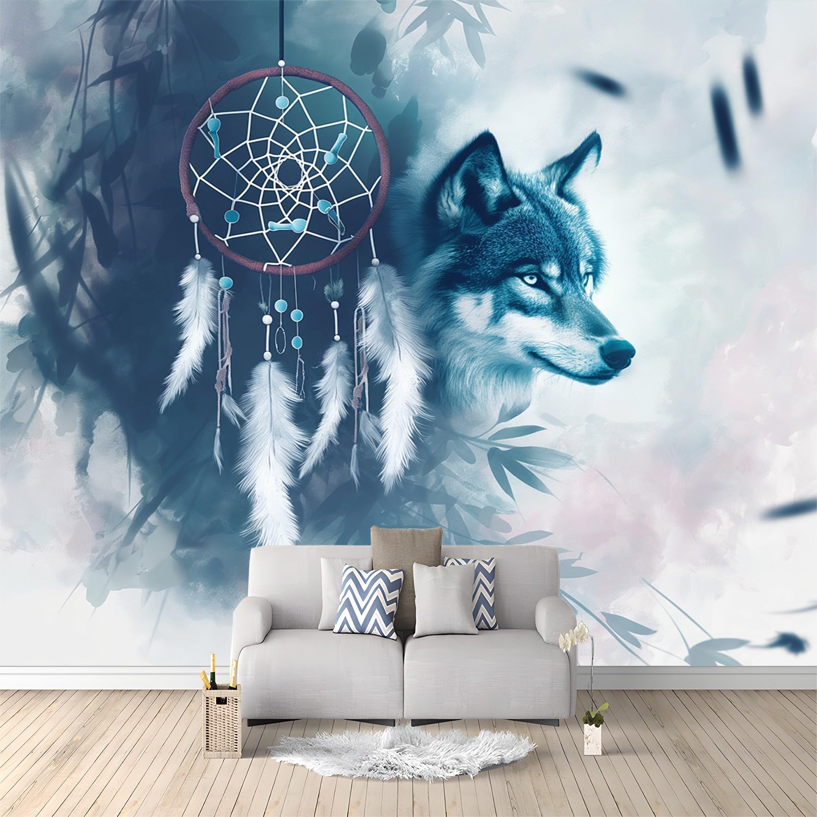 Mural Wallpaper for Living Room Wolf and Feathers 250 x 175cm Art Photo Wallpaper Non-Woven Wall Mural Wallpaper Poster, Modern Bedroom Kids Room TV Background Wall Decor