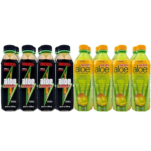 Iberia Bebida energética de aloe vera, 16.9 onzas líquidas (paquete de 8) + bebida de aloe vera Iberia con pulpa de aloe pura, mango, 16.9 onzas