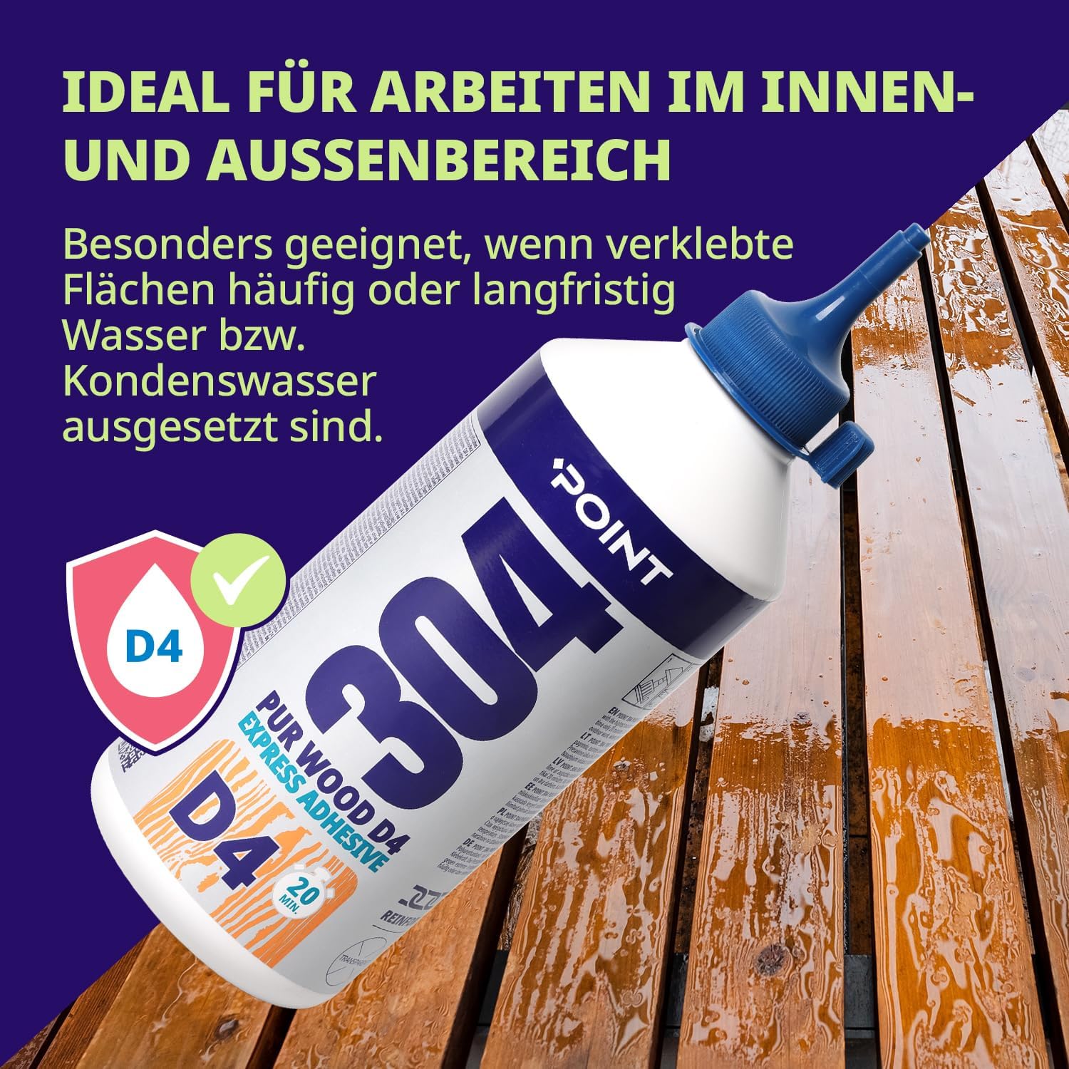 Point Pegamento para madera D4 304 extra fuerte e impermeable – Adhesivo para madera a base de poliuretano para todo tipo de madera – cola de poliuretano para interior y exterior, 750 g