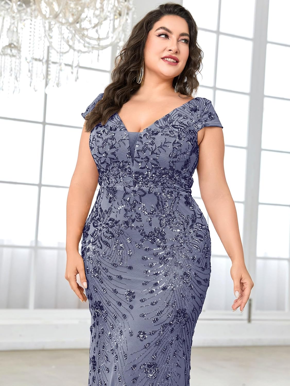 Plus Size Womens Sequined Long Evening Gown Glamous Sleeveless V-Neck Mermaid Prom Dress for Wedding Party - Image 6