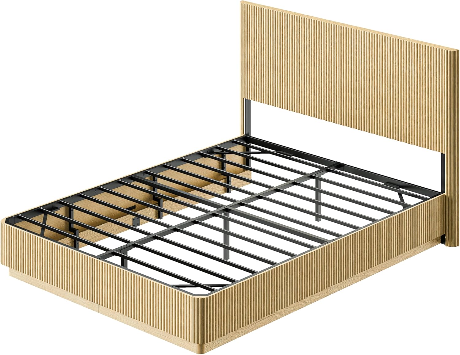 Mid Century Modern Bed Frame Queen Size, Fluted Platform Bed Frame with Headboard, Wood and Steel Platform Beds with LED Lights, Heavy Metal Frame Support, No Box Spring Needed, Oak