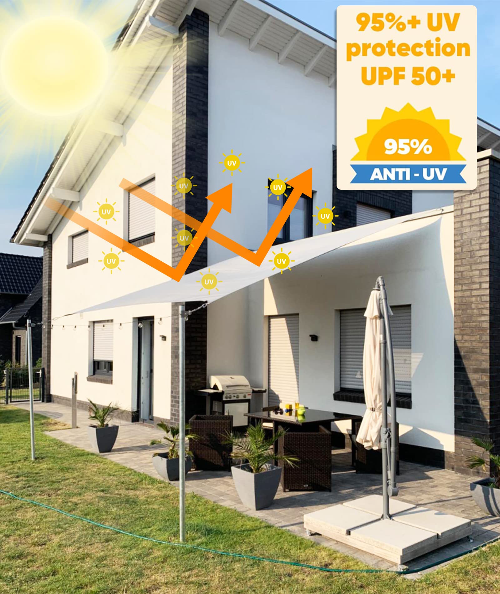 Sonnensegel Dreieckig Rechtwinklig 3x3x4.25m Wasserdicht im Viele Größe und Farben, PES Polyester, Sonnenschutz 95% UV Schutz, Reißfest Wetterfest für Terrasse Garten Balkon- Hellgrau