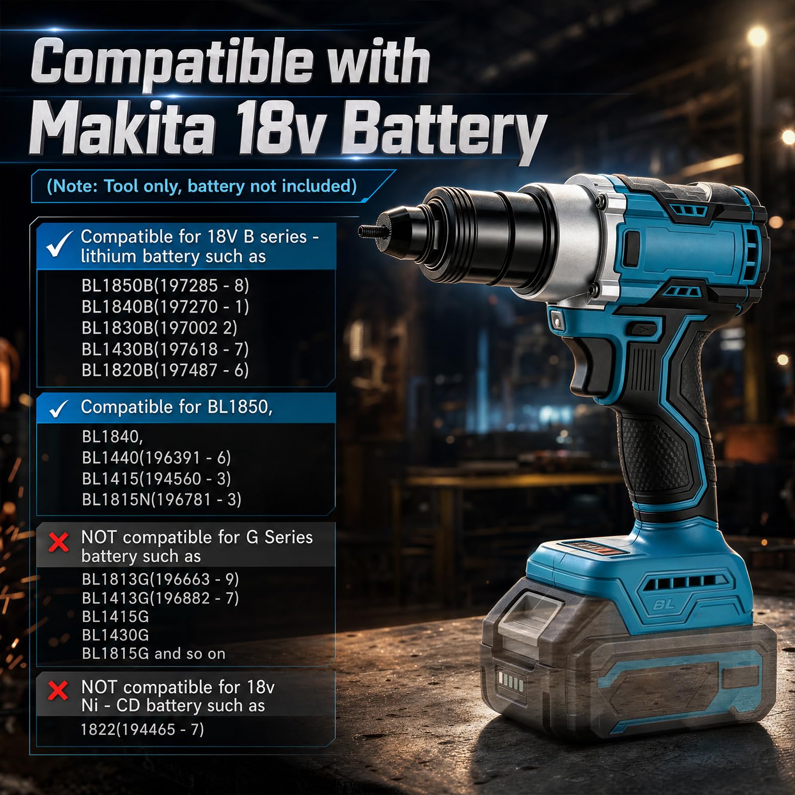 Remachadora de batería compatible con batería Mak de 18 V, herramienta de remachado eléctrica sin escobillas con dos modos, herramienta de remachado con cabezal de remache M4/5/6 para reparaciones de