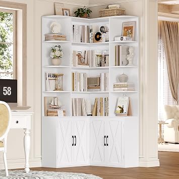 FirFurd Corner Bookcase L Shaped Bookshelf with Doors Display Cabinet White