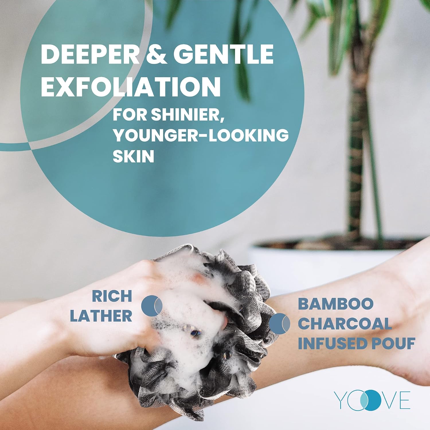 Bamboo Charcoal Infused Back Scrubber - Loofah with Handle | Exfoliating Shower Loofah for Men & Women - Features 1 Loofah on a Stick, 1 Loofa Pouf; Includes Hook (Black)