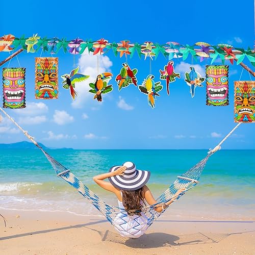 Miniatura 5 de Juego de 12 piezas de decoración para fiestas Luau de 9.8 pies, guirnalda de hibisco tropical hawaiano, decoración de fiesta, papel hawaiano,