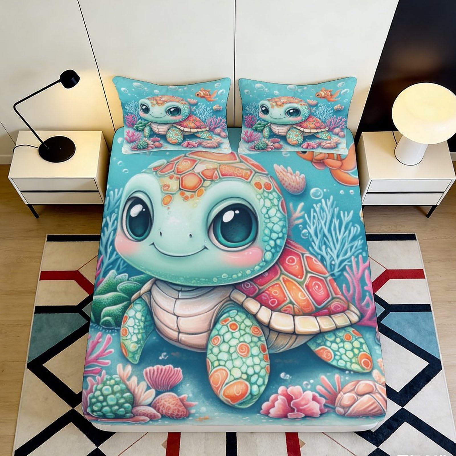 Kzqnxhjprl Style-5 3D Printed Cute Sea Turtle Fitted Sheet Microfiber Soft Ocean Coral Bed Cover Non-Slip Washable For Bedroom Decor 90X200x25cm