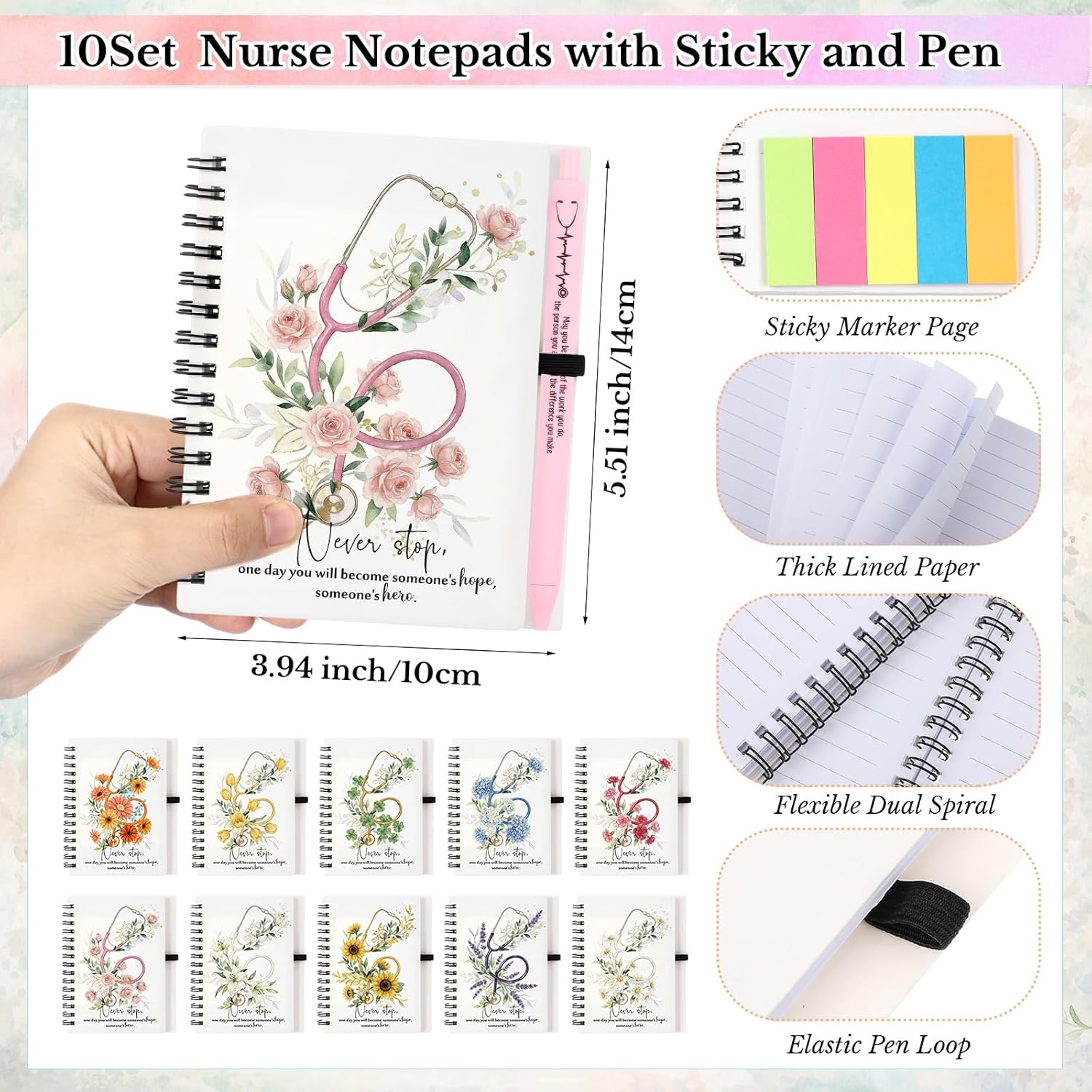 Chuangdi 10 Sets Nurse Appreciation Gifts Inspirational Pastel Notebook Journal with Sticky Notepad and Pen Bulk Nurses Week Thank You Gifts for Nurses Healthcare Worker Medical Practitioner