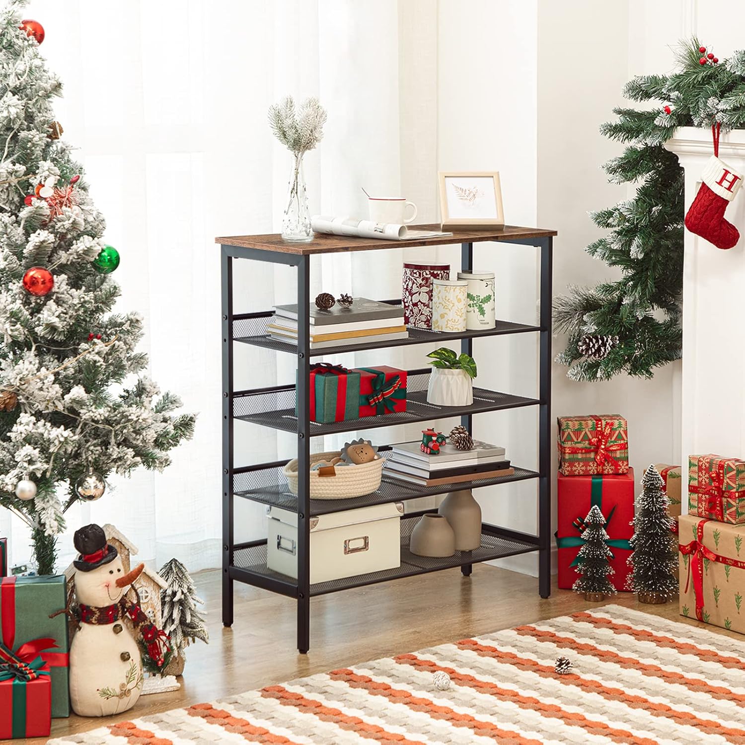 HOOBRO 5-Tier Shoe Rack, Industrial Style, Holds 16-20 Pairs of Shoes, Rustic Brown